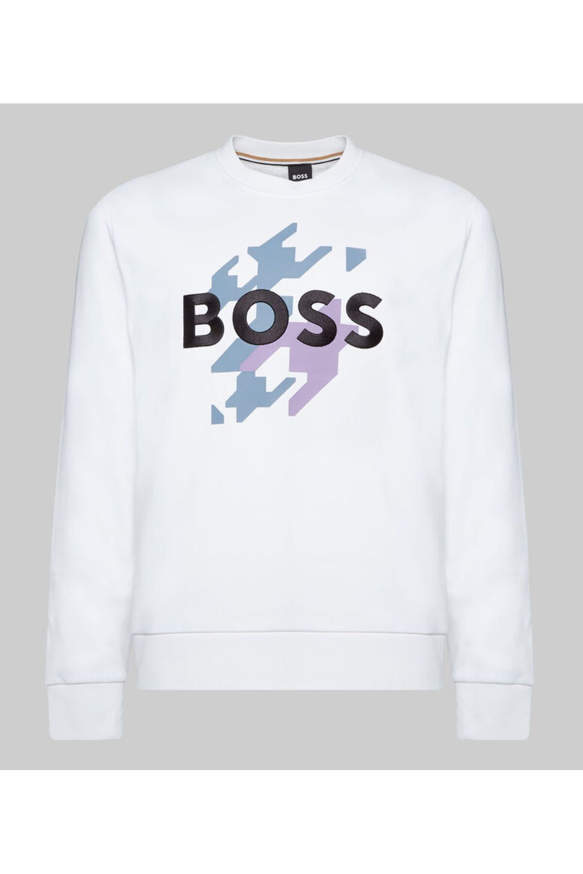 سویشرت سفید مردانه یقه دوچرخه مناسب آستین بلند پنبه ای پیراهن 100 BOSS