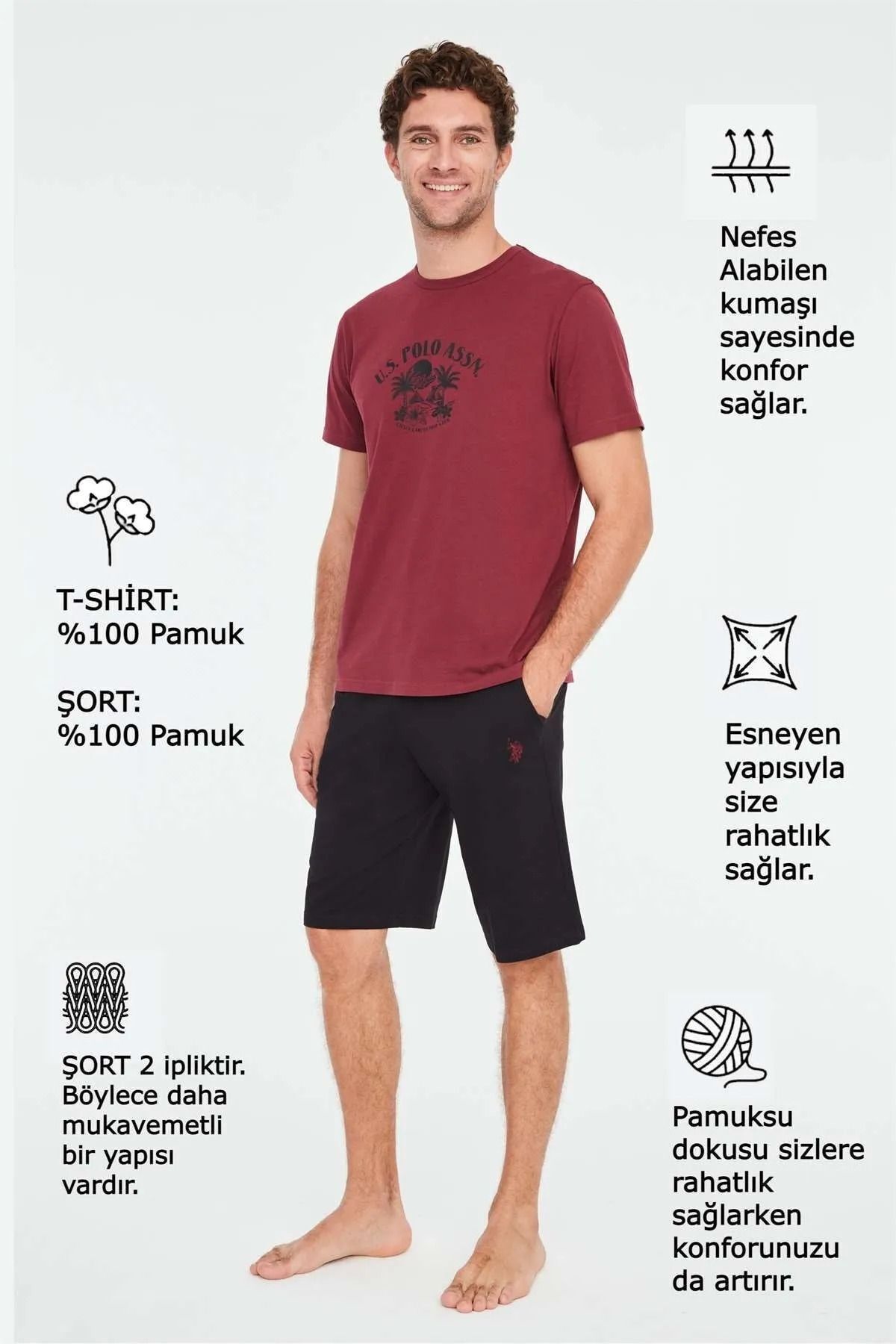 ست پیژامه قرمز مردانه شلوارک تیشرت آلو اورجینال U.S. Polo Assn.