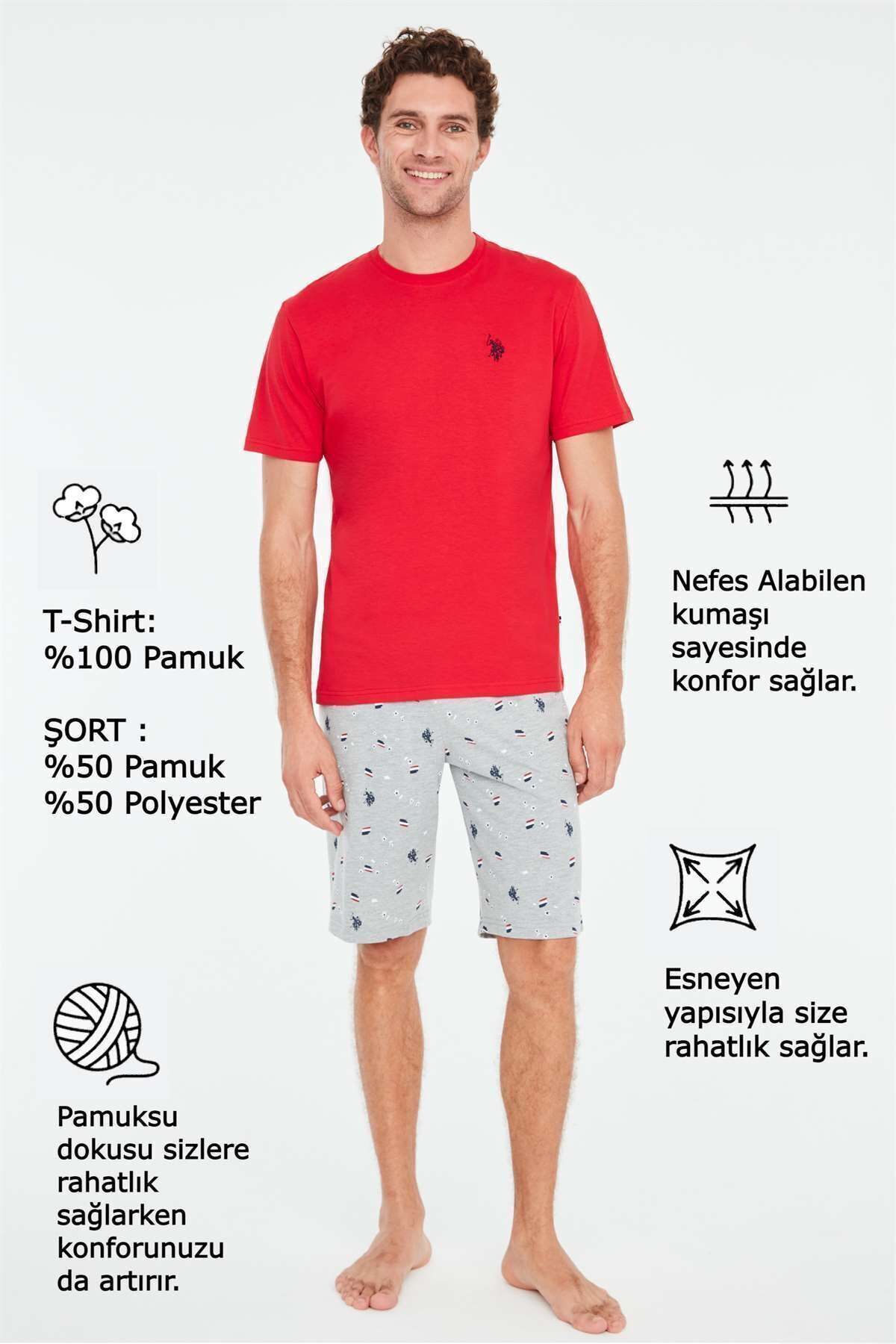 ست پیژامه قرمز مردانه شورت تیشرت اورجینال U.S. Polo Assn.