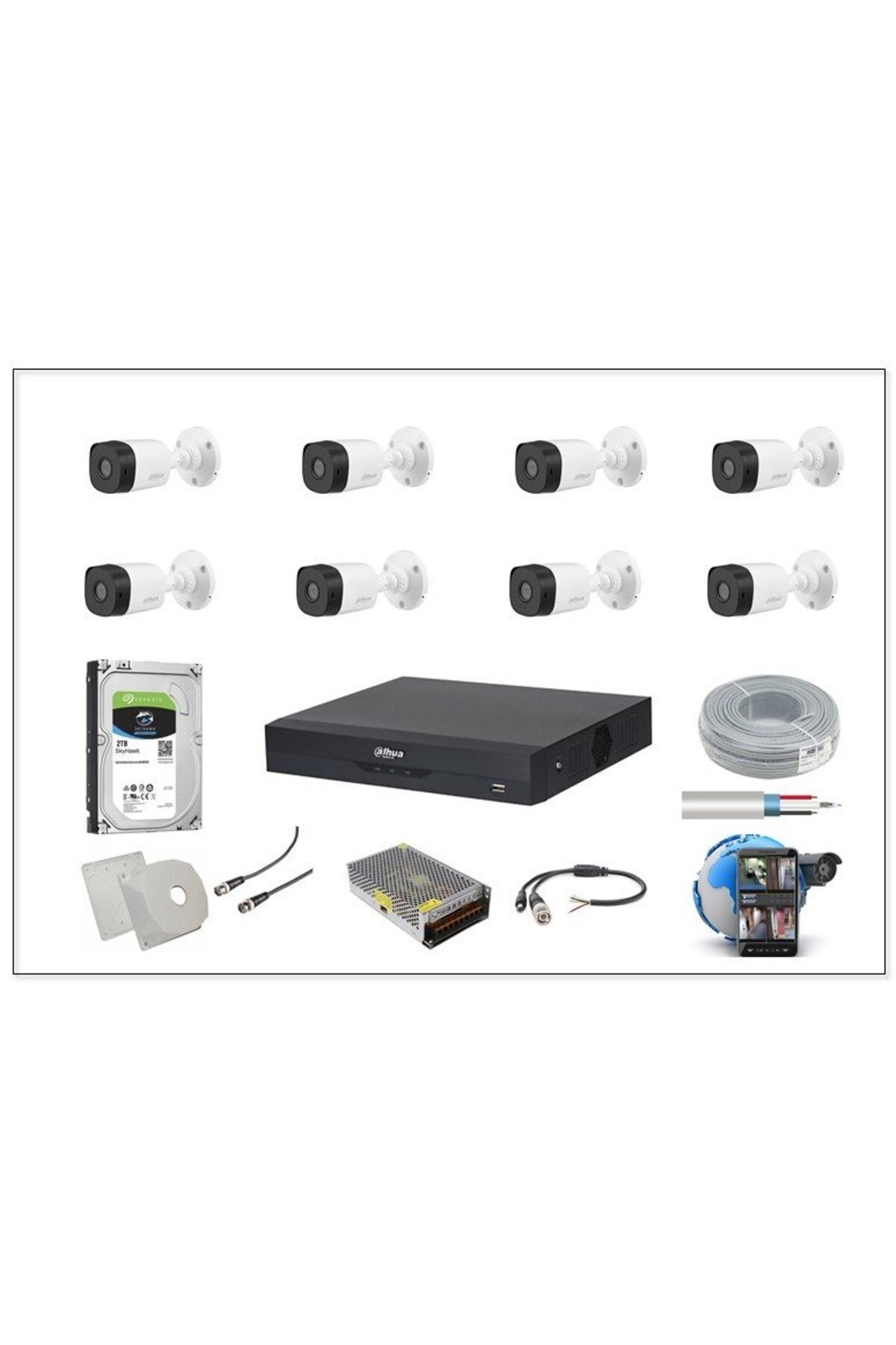 DAHUA 8 KAMERA FULL TAKIM SET 1080 FULL HD GECE GÖRÜŞ UZAKTAN İZLEME 2 TB HDD