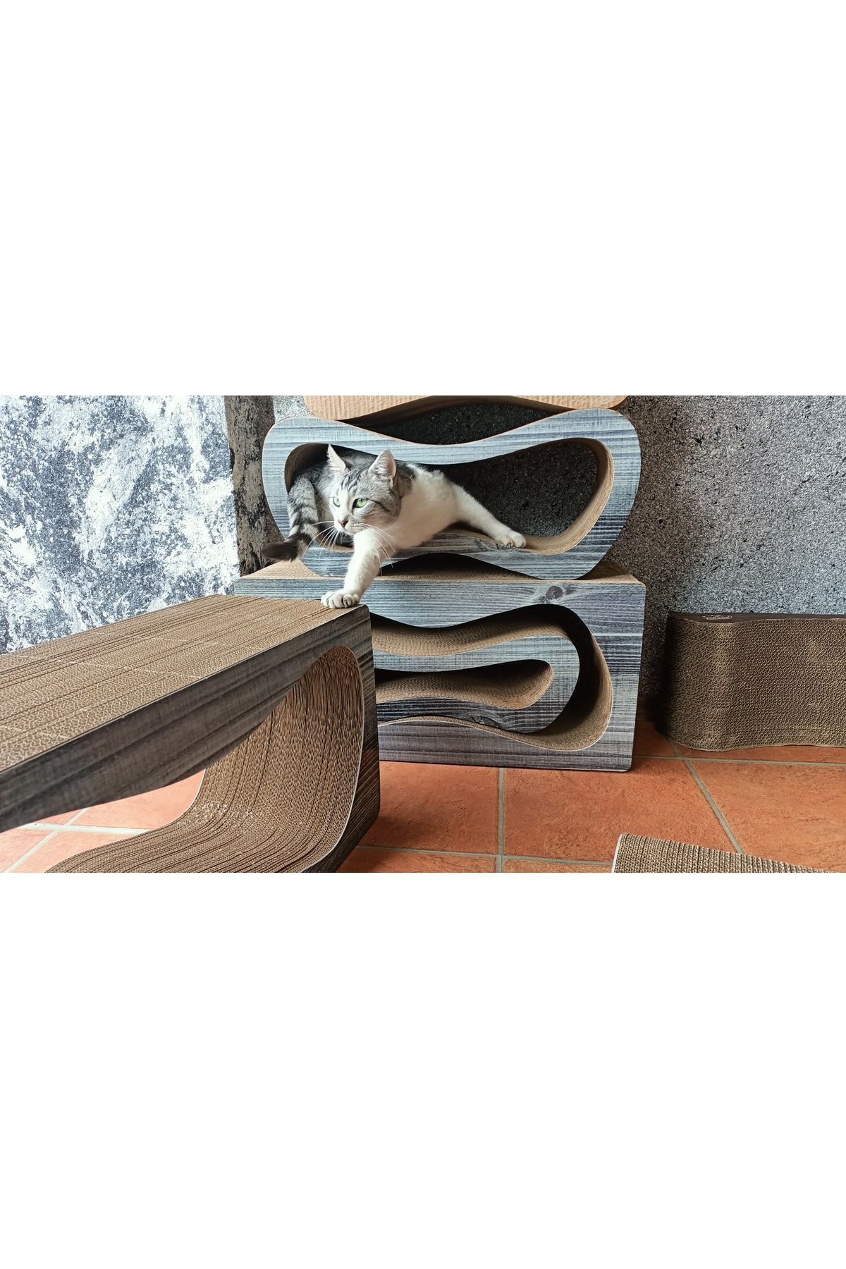 Lazy Paws-Anthracite Pattern Cardboard Cat Scratch Sofa - Model: Mega Set of 2 7