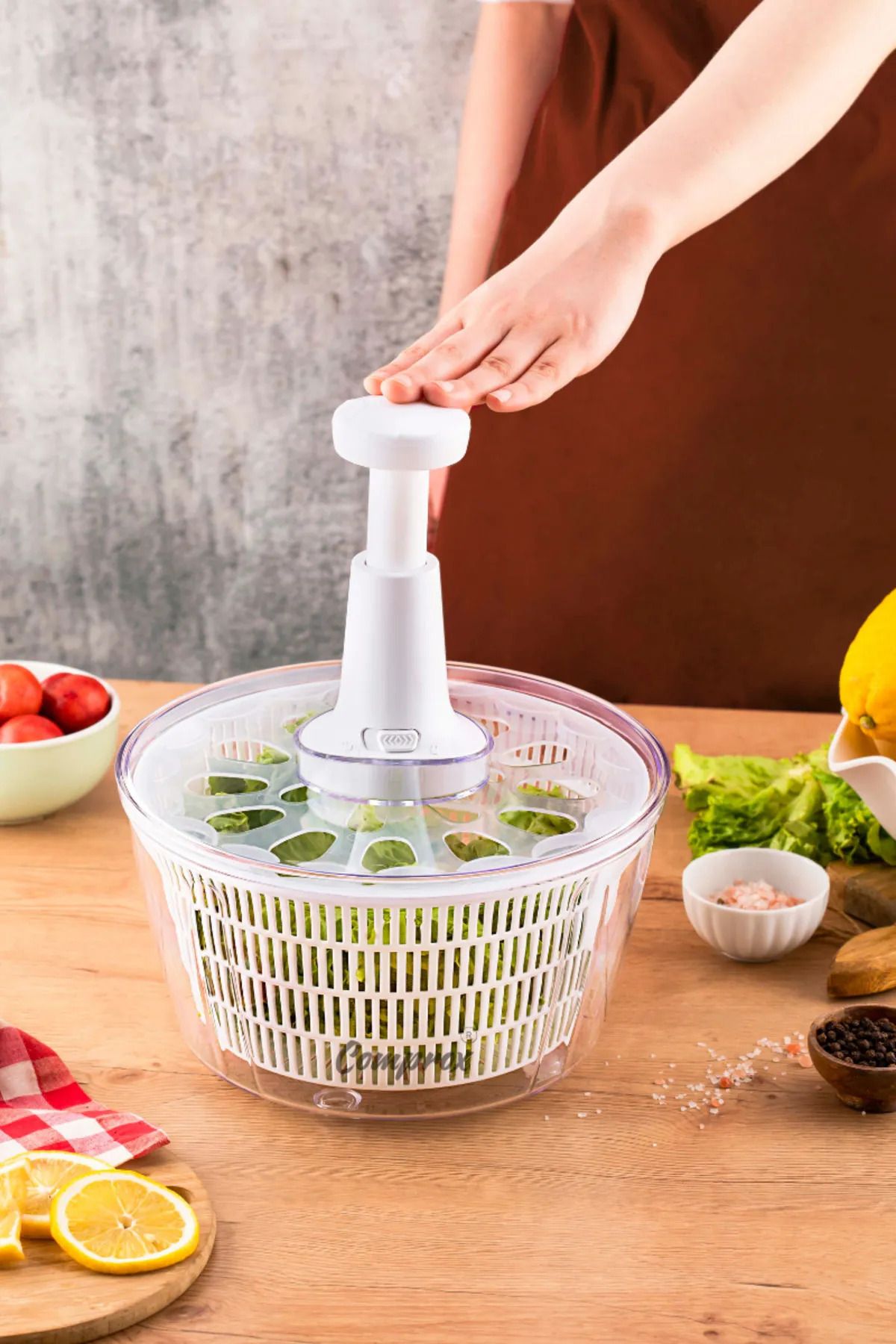 ViATOM VİATOM  Beyaz Manuel Sebze Kurutucu Salata Kurutucu (Stop Düğmeli) 6 litrelik salata kurutucusu