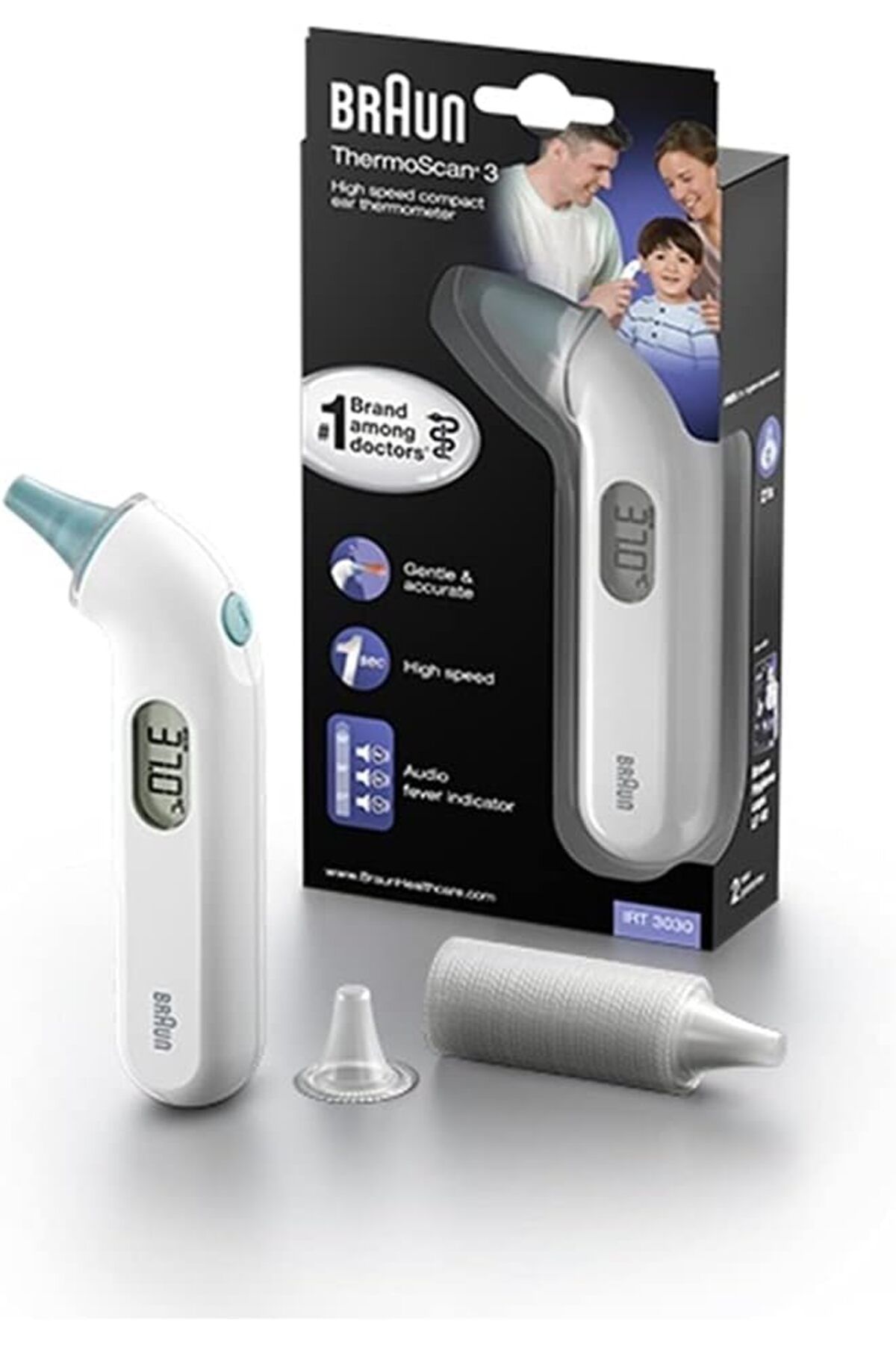 Braun-Thermoscan 3 Thermometer 1sec reading, Audio Fever indicator, LCD, Auto shut-off - IRRT 3030 1