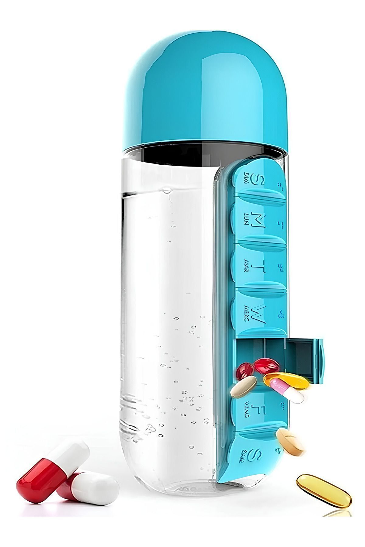 İlaç Ve Su Şişesi Matara 600 ml Matara Dahili 7 Günlük Hap Organizer Sus Şişesi Mavi