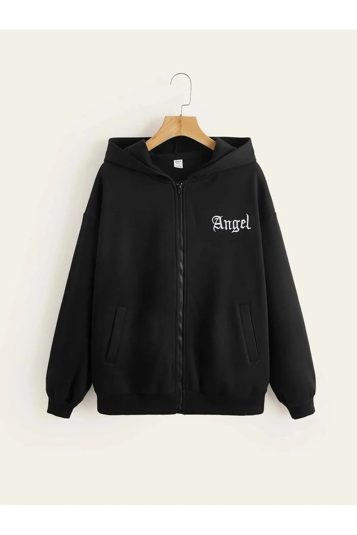 Angel Letter Printed Thick Cardigan - Black Women Men Oversize Hooded Zippered Pocket Winter Cardigan