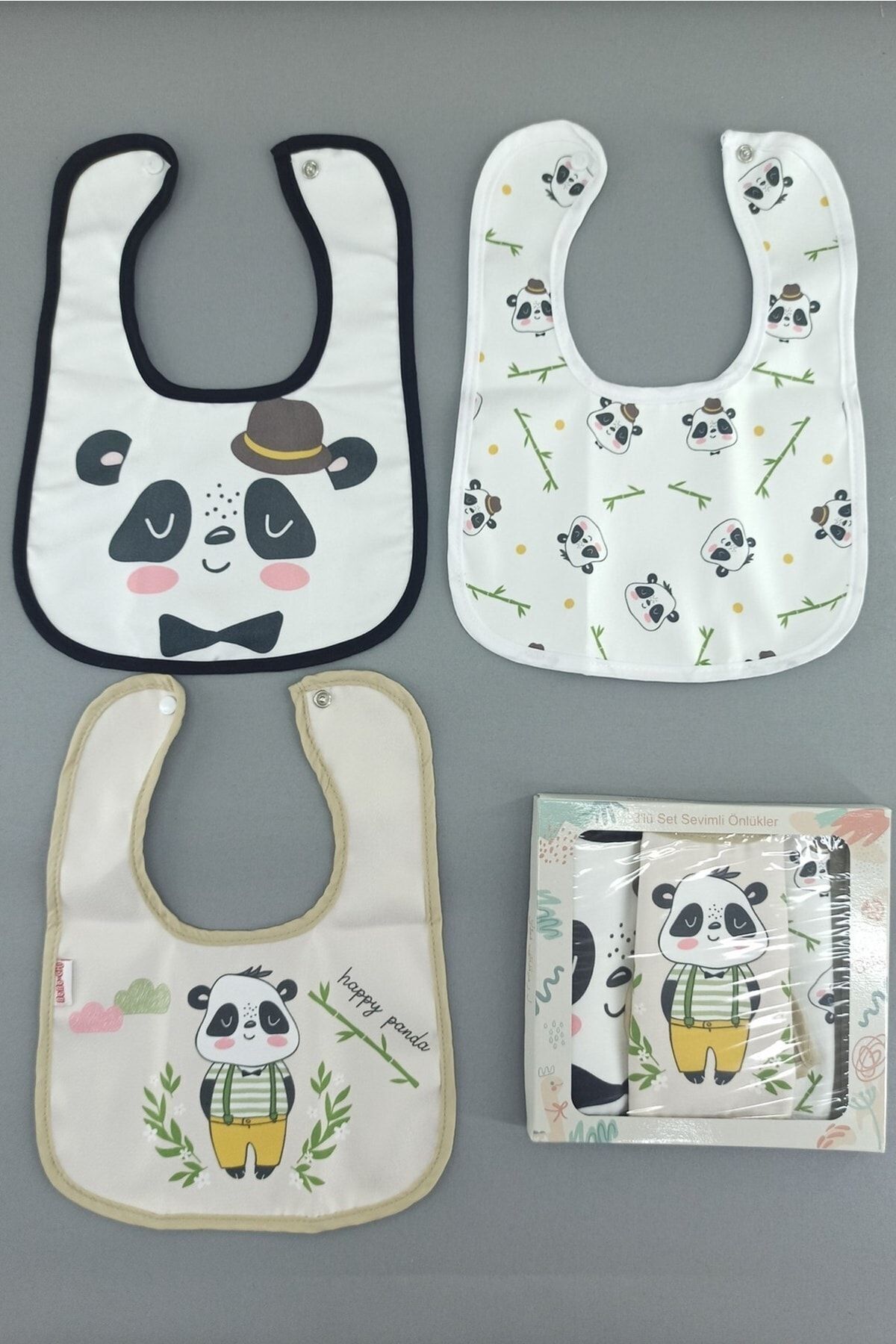 dubi baby Panda Temalı Kare 3 Parça Microfiber Mama Önlüğü Kendi Kutusunda (su Geçirmez) Çıtçıtlı fotoğrafı 3 (önizleme)