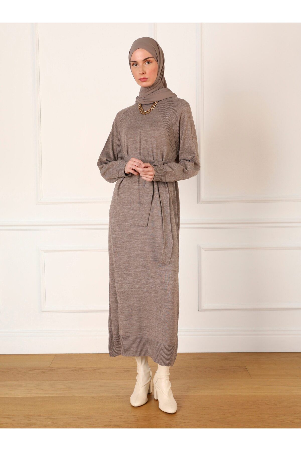 Refka-Gürtel Detaillierte Reglan Ärmel Strick Hijab Kleid - Nerz - Refka 1