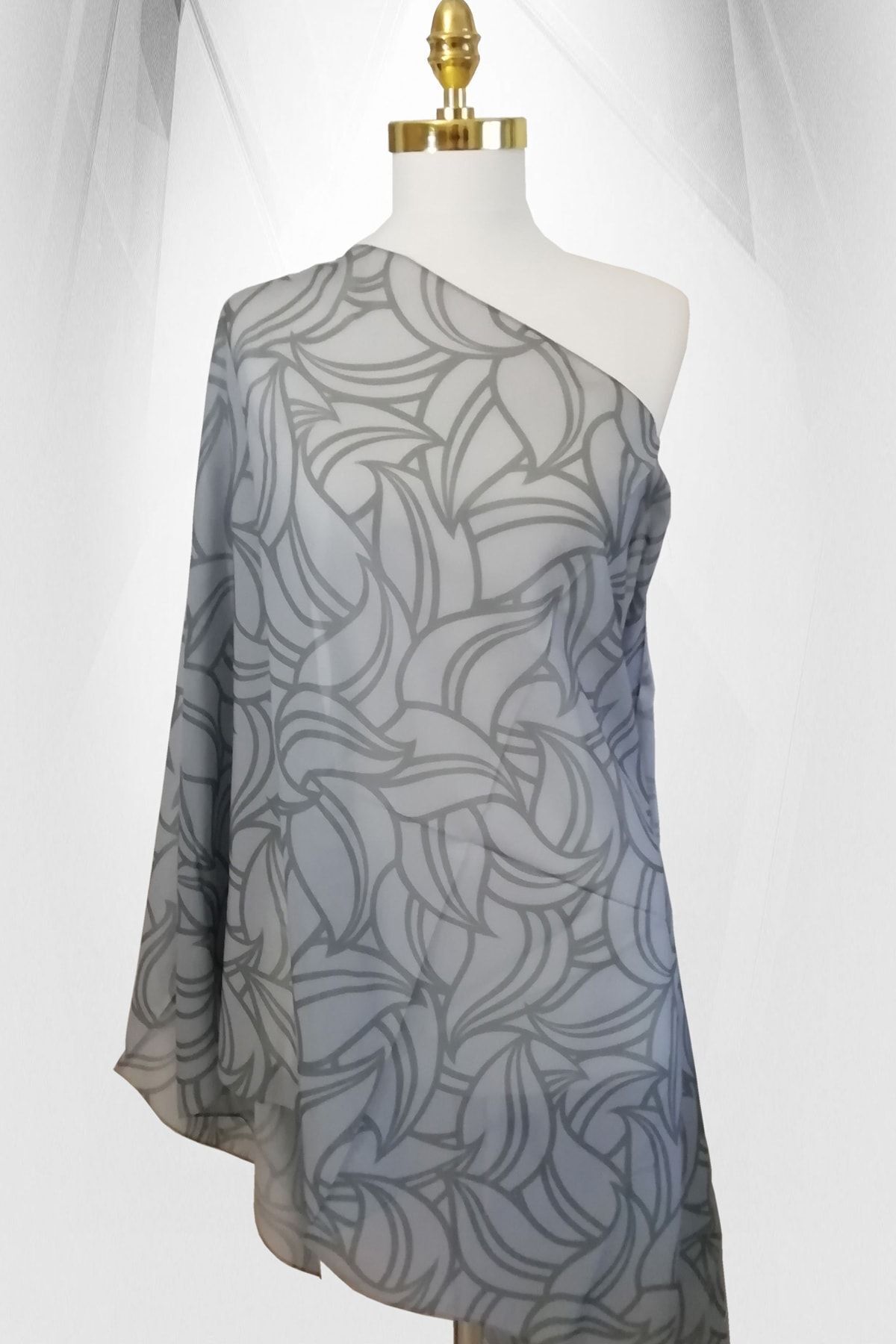 Stella-Leaf Patterned Chiffon Shawl Model 72*180cm Gray 2