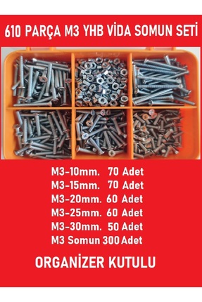 bul end M3 Yhb Vida Somun Seti-610 Adet-metrik 3mm-boy 10-15-20-25-30 Mm Orga...