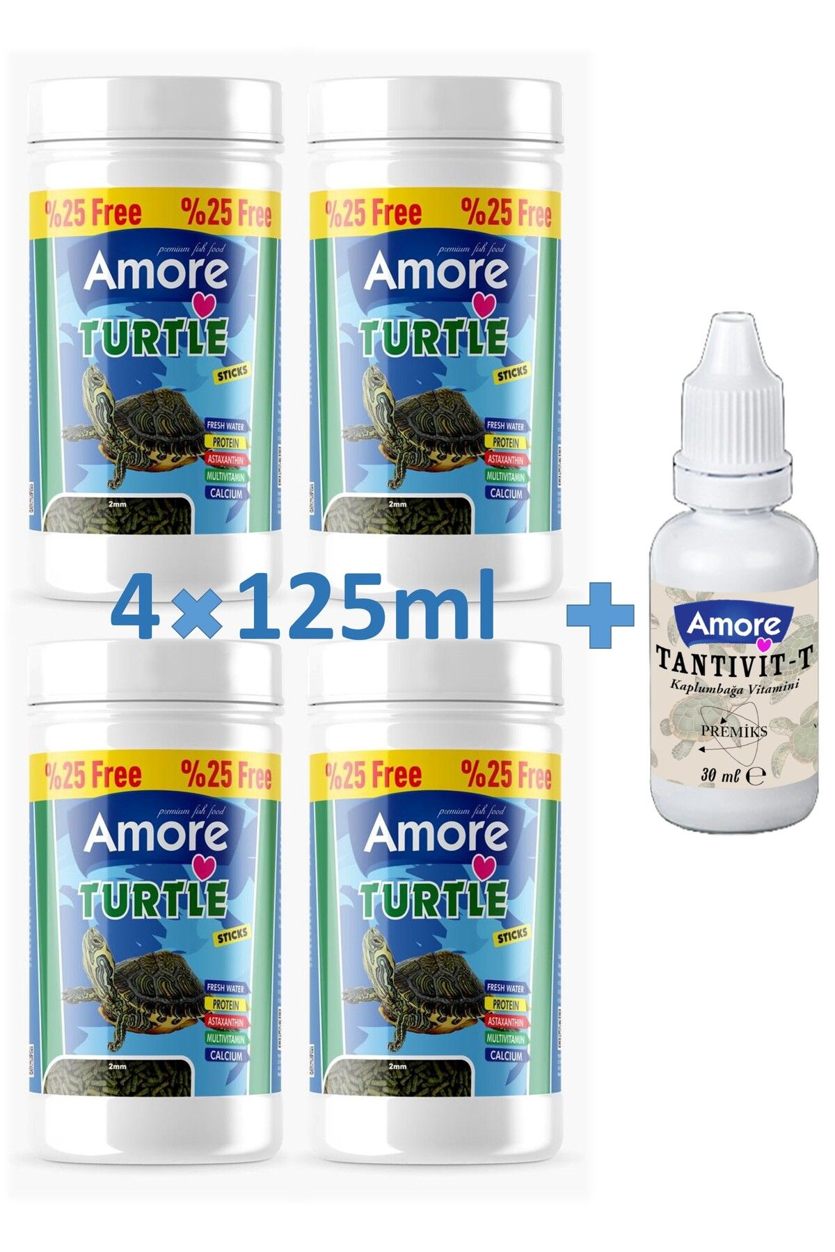 AMORE Turtle Green Kalsiyum Sticks 4x125 ml Yetişkin Su Kaplumbağası Otçul Yüzen Yemi, Vitamini Set