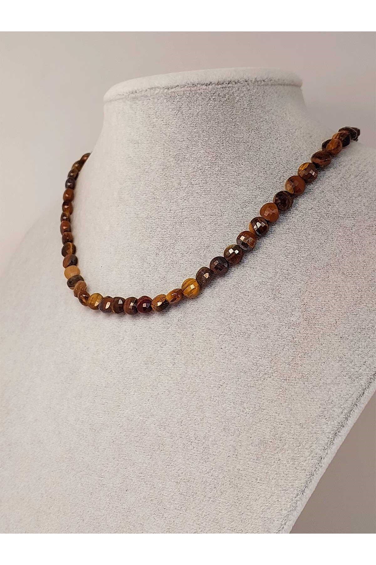 Yasamtohumu-YASSI Facet Cut Tiger Eye Stone Necklace - 6x4mm with Fixed Clip 2