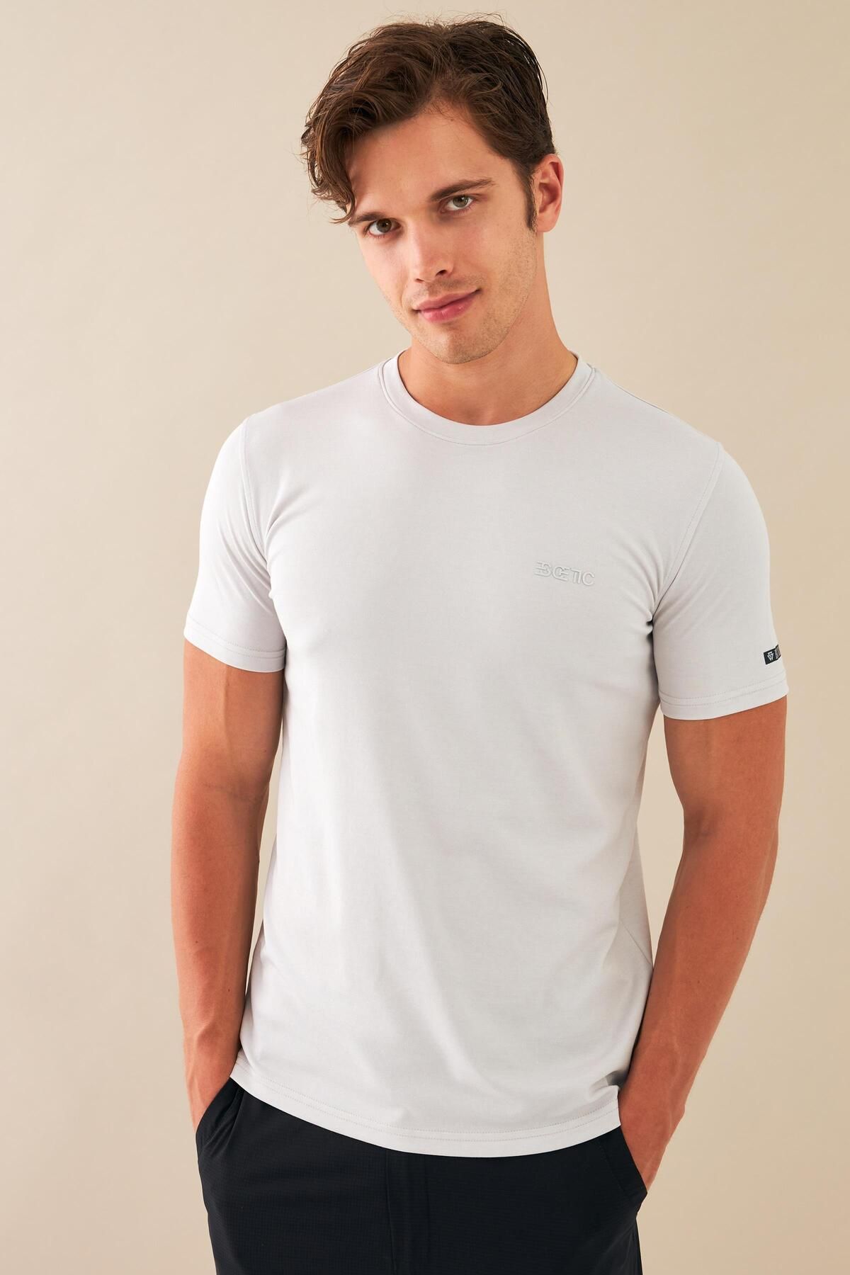 تی شرت ورزشی مردانه پیراهن پنبه ای با رنگ خاکستری صفر پارچه MERSEIZED SLIMFIT T0095 Escetic