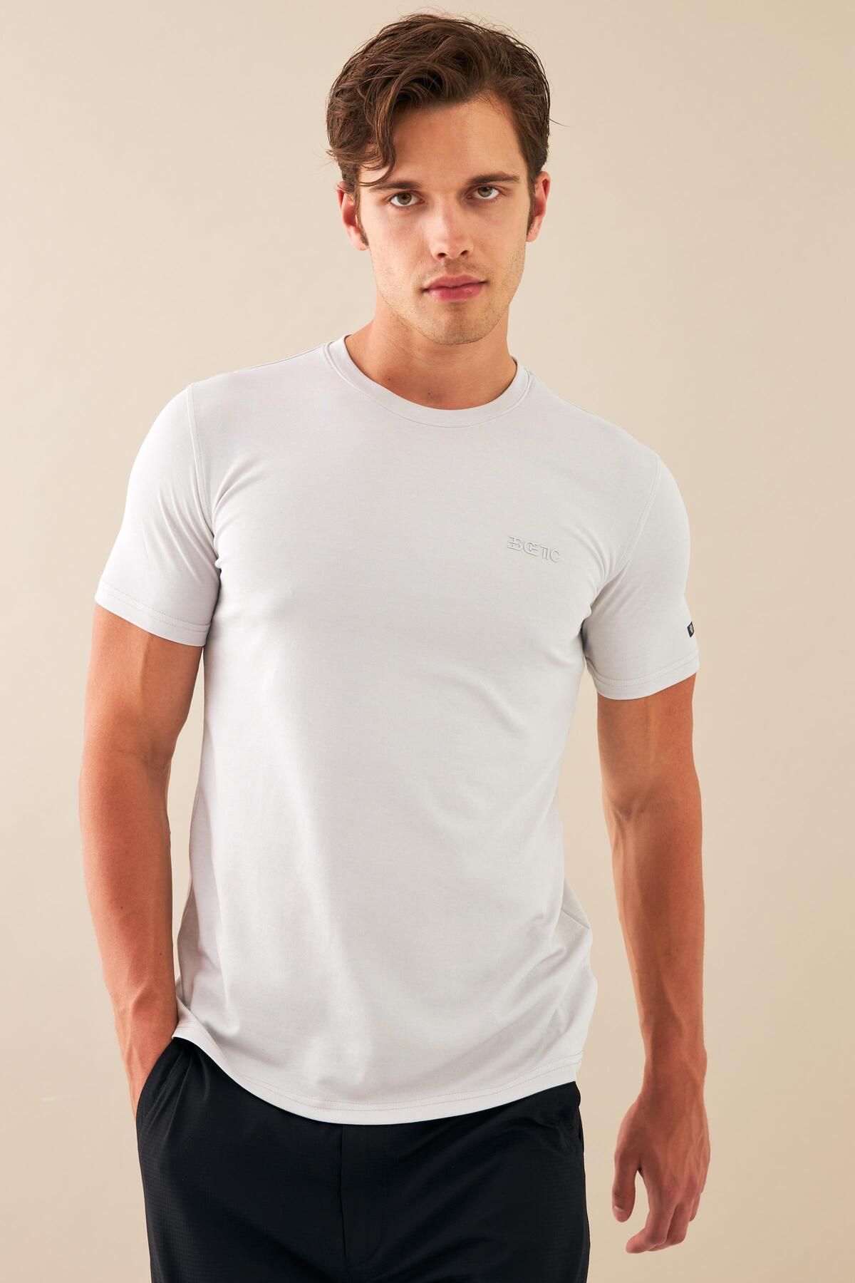 تی شرت ورزشی مردانه پیراهن پنبه ای با رنگ خاکستری صفر پارچه MERSEIZED SLIMFIT T0095 Escetic