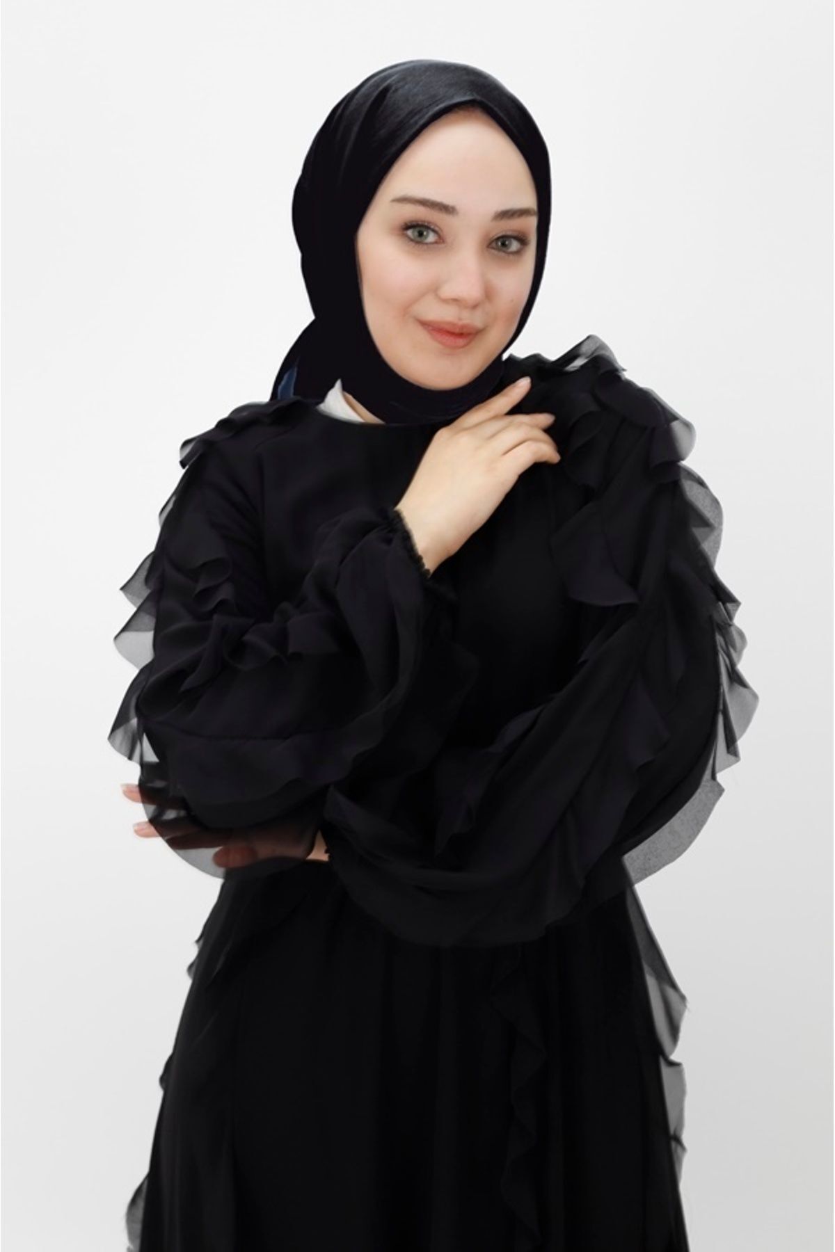 Puane-فستان سهرة حجاب - قماش شيفون، خصر مطاطي وتفاصيل كشكش 6