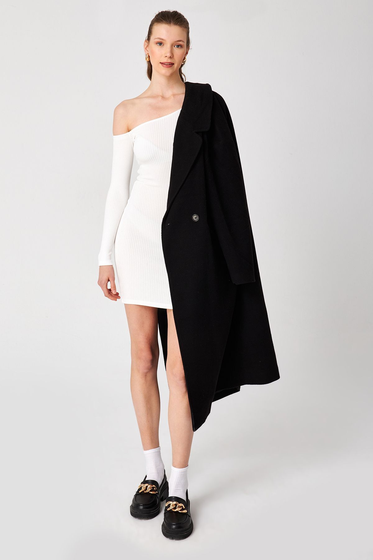 Ecru Camisole Asymmetrical Neck Long Sleeve Mini Dress