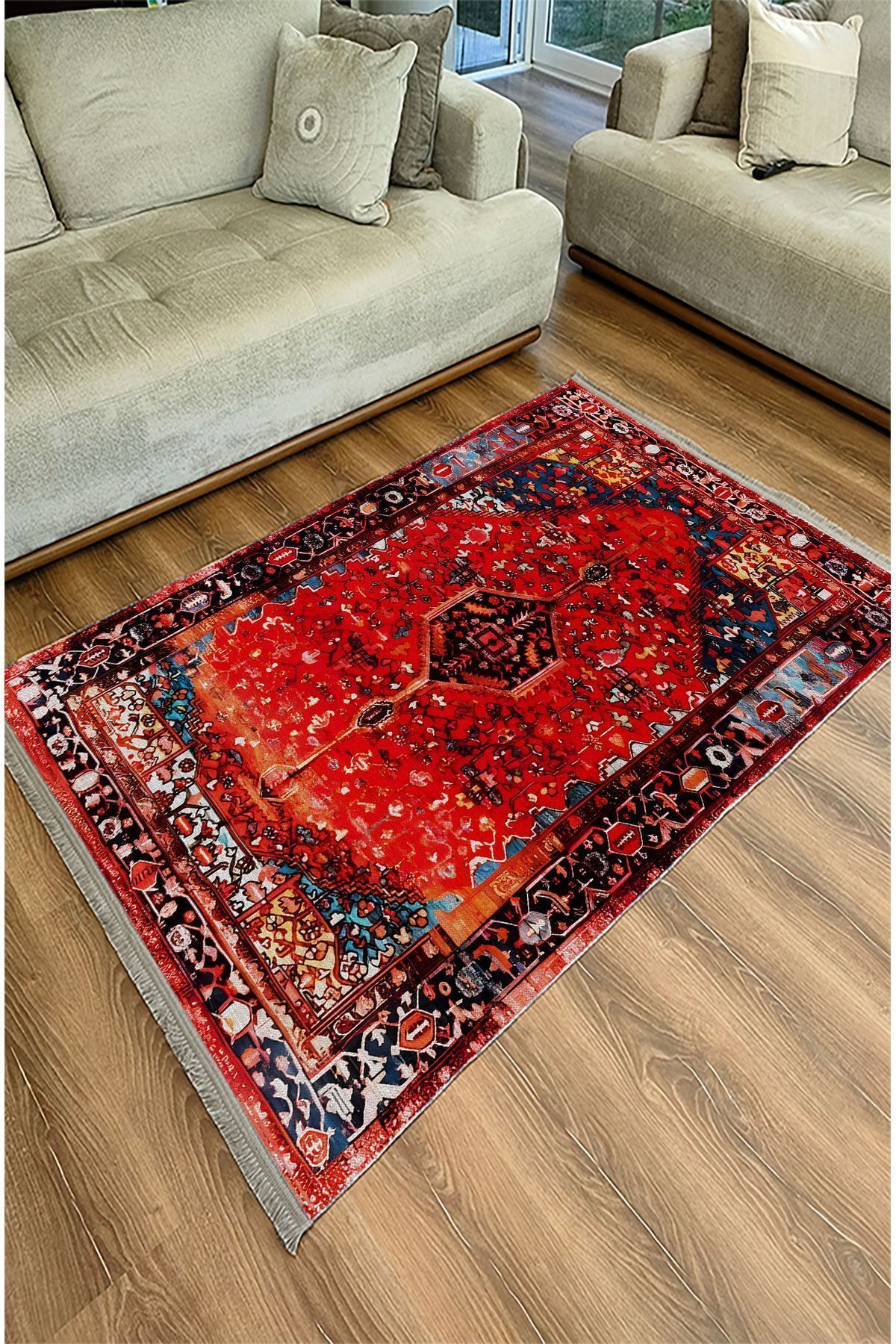 mars halı kırmızı tonlarında klasık dekoratif Kilim Salon Halısı Saçaklı Yıkanabilen Halı