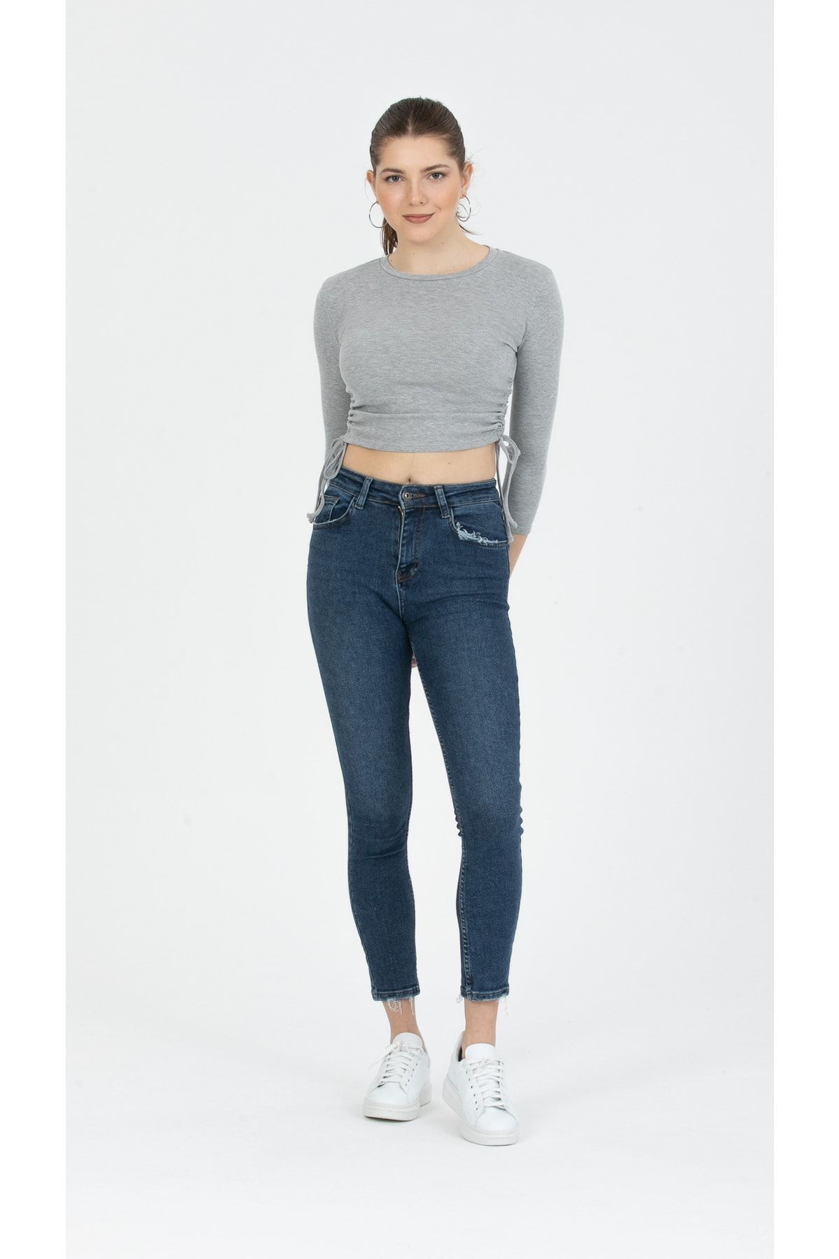 Grey Melange Side Shirred Knitted Crop Blouse ( Slim Fit )