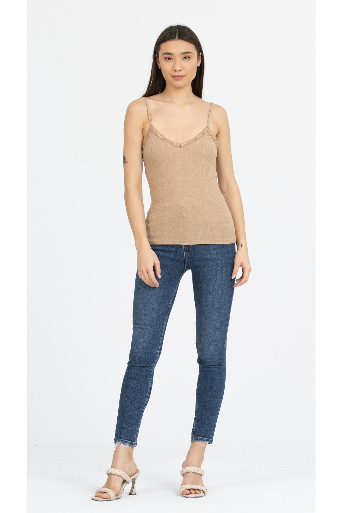 Beige Lace Collar Adjustable Rope Strap Blouse