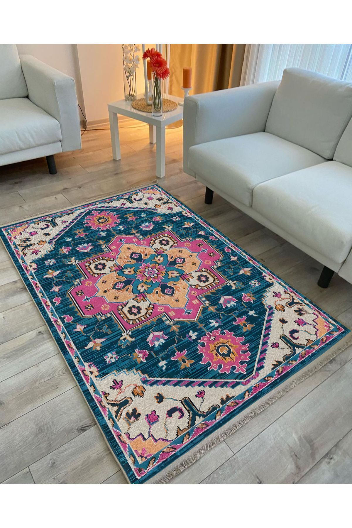 Etnik Desenli Yıkanabilir Kaymaz Tabanlı Salon Halısı, Koridor ve Mutfak Halısı Kilim mars 86