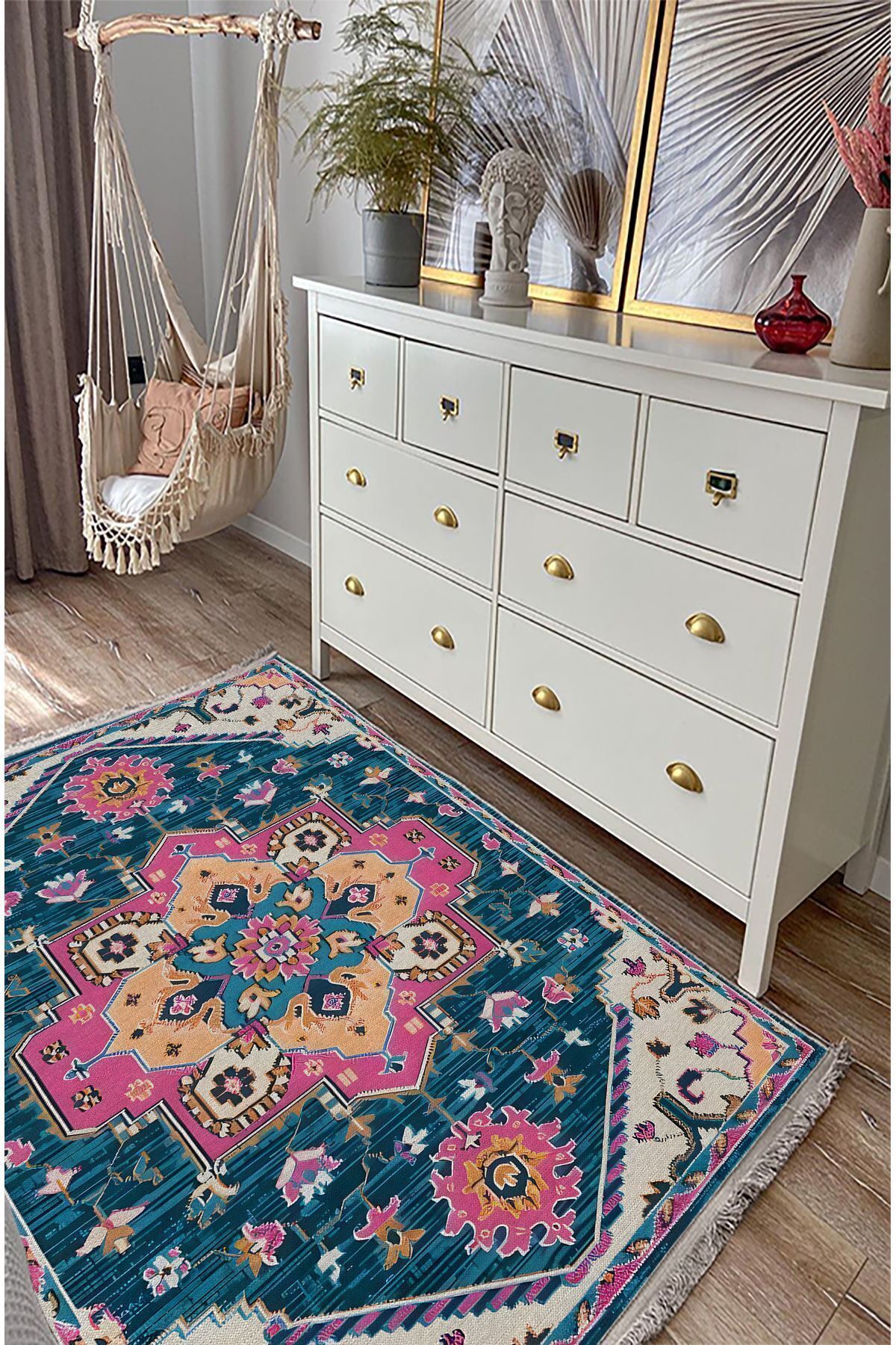 Etnik Desenli Yıkanabilir Kaymaz Tabanlı Salon Halısı, Koridor ve Mutfak Halısı Kilim mars 86