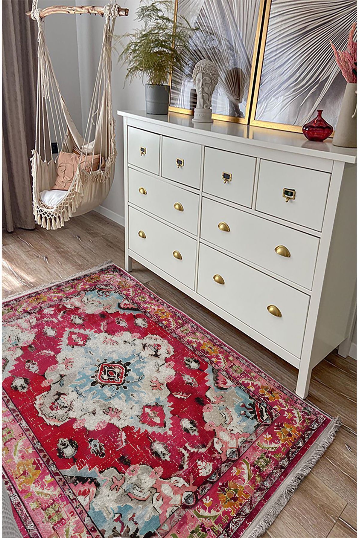 mars halı Fuşya tonlarında klasık dekoratif Kilim Salon Halısı Saçaklı Yıkanabilen Halı