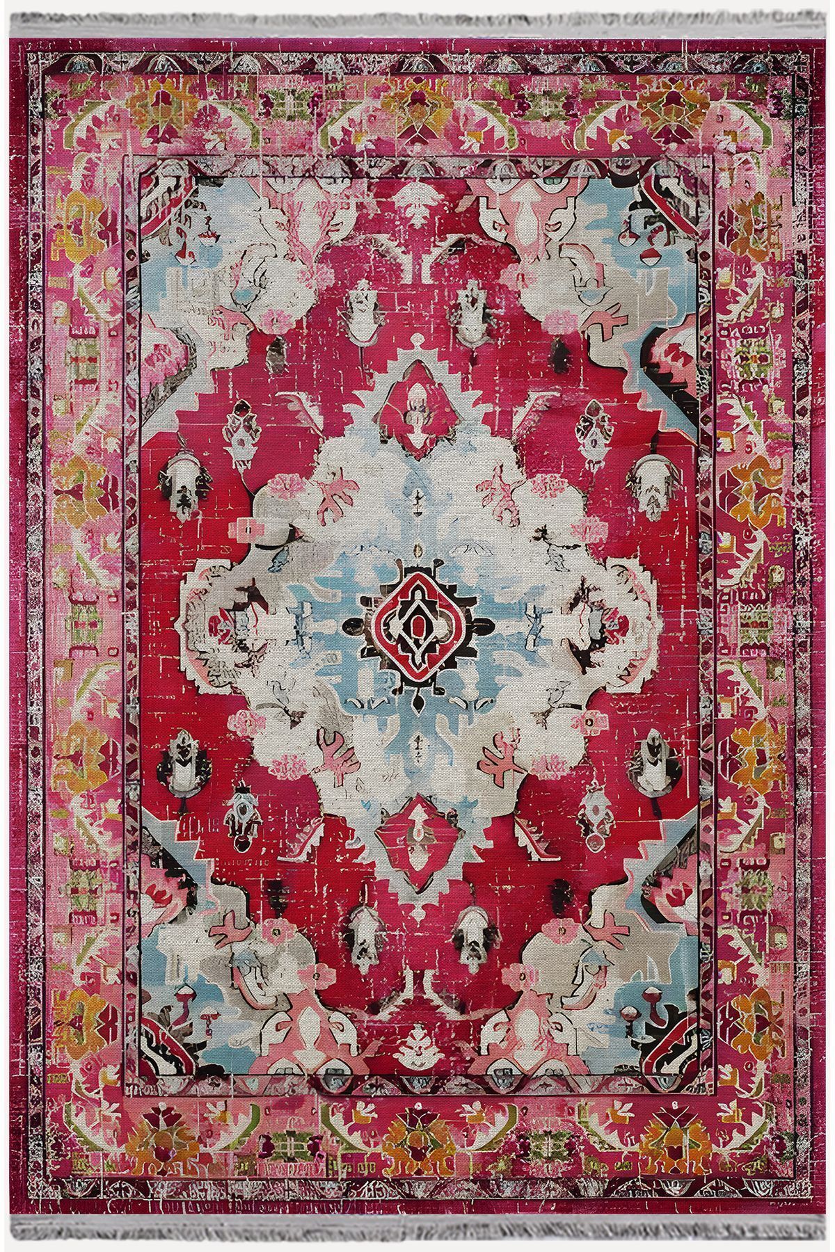 mars halı Fuşya tonlarında klasık dekoratif Kilim Salon Halısı Saçaklı Yıkanabilen Halı