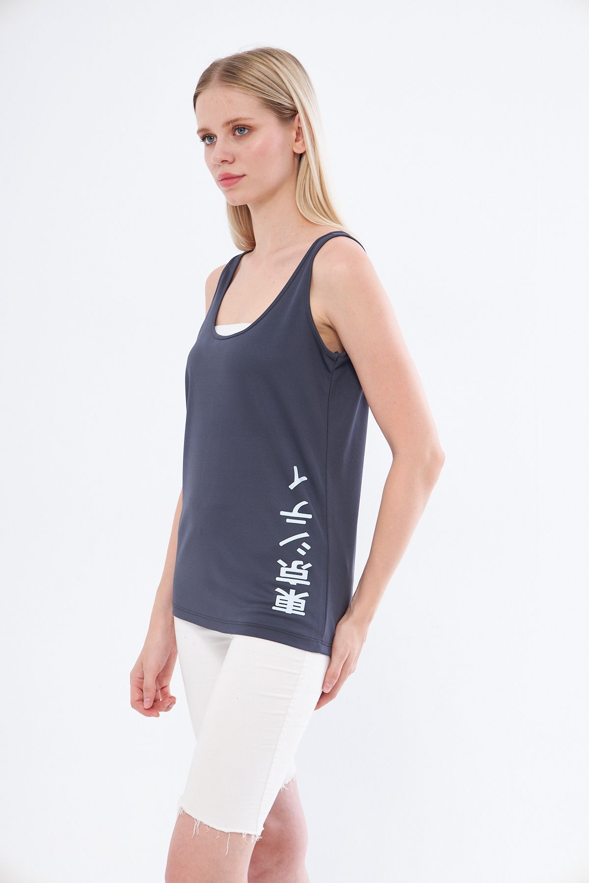 YÜKSEL IŞIK-Anthracite Color Chinese Printed Thick Strap Athlete's Tank Top 5