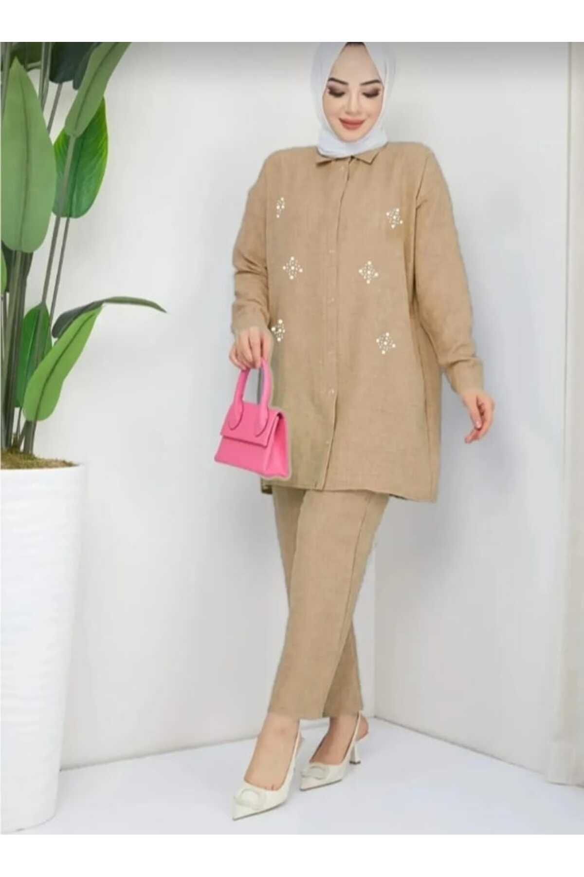 ECK MODA Women's Light Brown Stone Embroidered Linen Fabric Top and Bottom Set