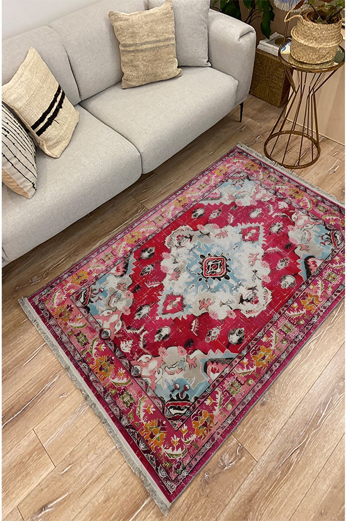 mars halı Fuşya tonlarında klasık dekoratif Kilim Salon Halısı Saçaklı Yıkanabilen Halı