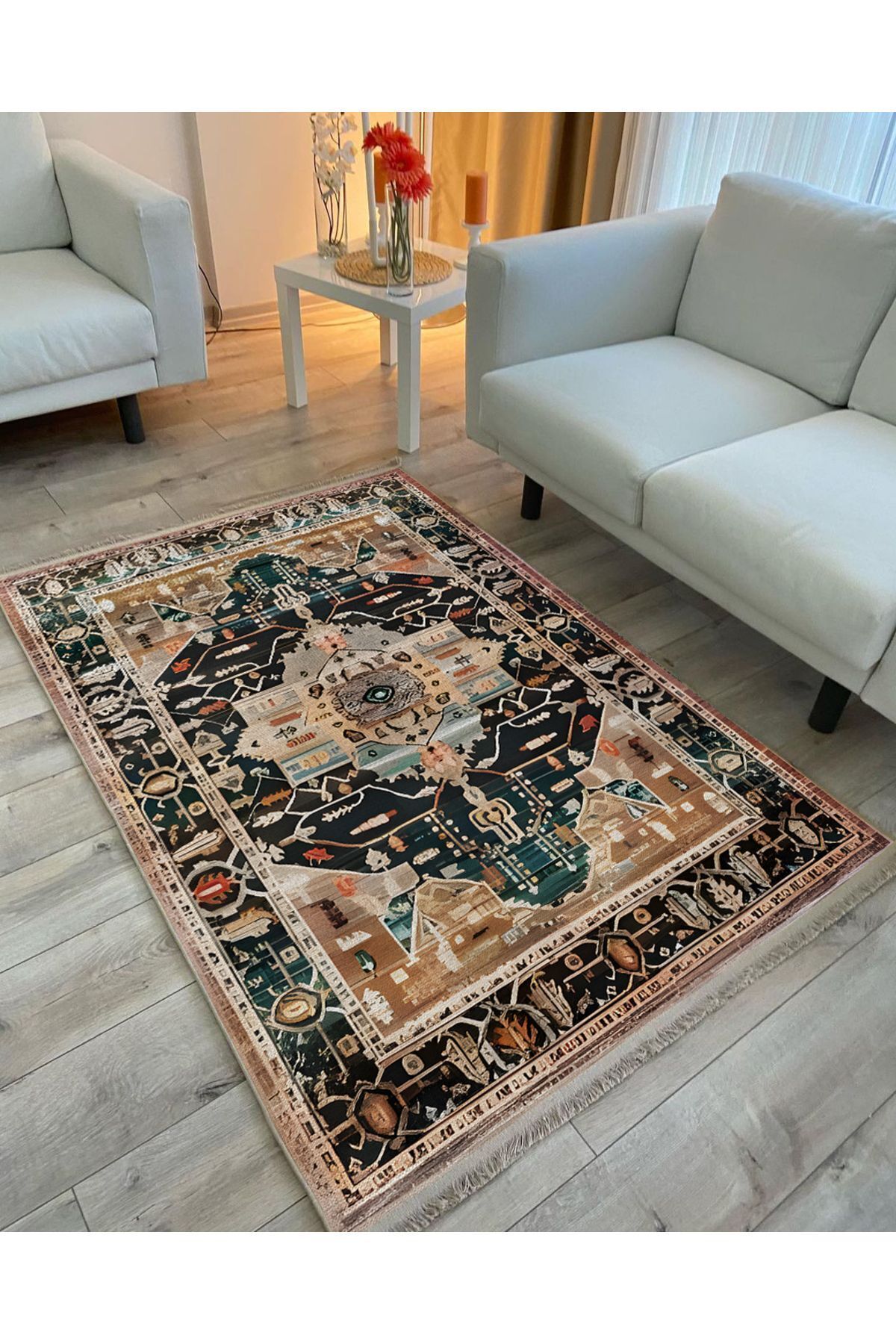 Etnik Desenli Yıkanabilir Kaymaz Tabanlı Salon Halısı, Koridor ve Mutfak Halısı Kilim mars 87