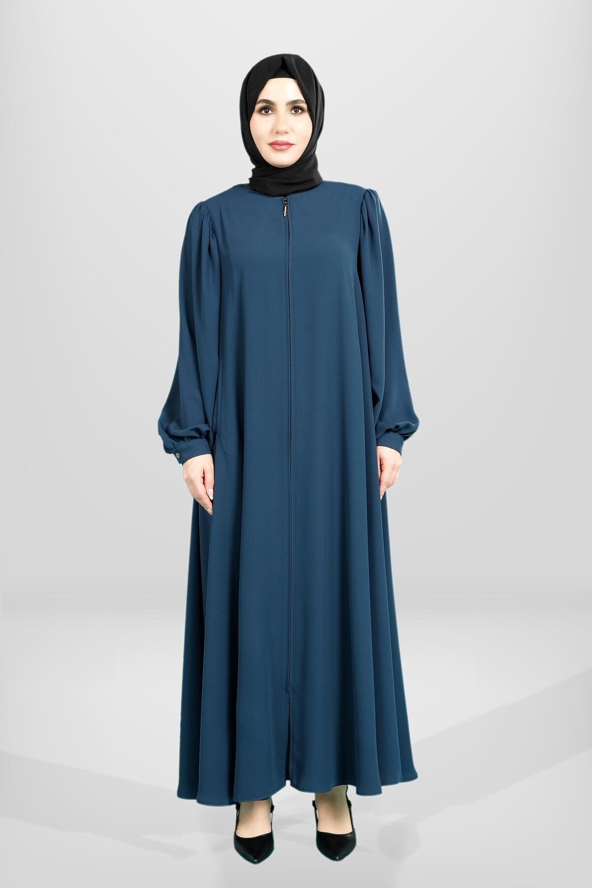 مانتو و عبای پوشیده زنانه آستین کوتاه زیپ با نفتی FERACE 3904 Beyza