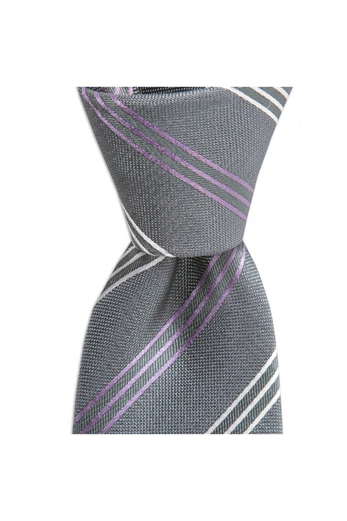  کراوات ابریشمی مردانه راه راه خاکستری روشن ۷.۵ سانتی‌متری