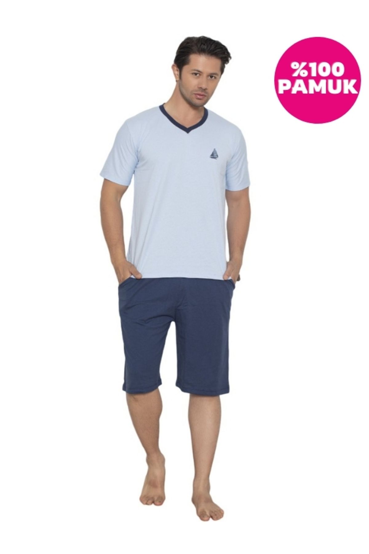 bie's Set De Pijamale Pentru Bărbați, 100% Bumbac, Cu Mânecă Scurtă, Cu Decolteu În V, Fără Nasturi, Cu Buzunare, Pantaloni Scurți Lungi, Albaștri