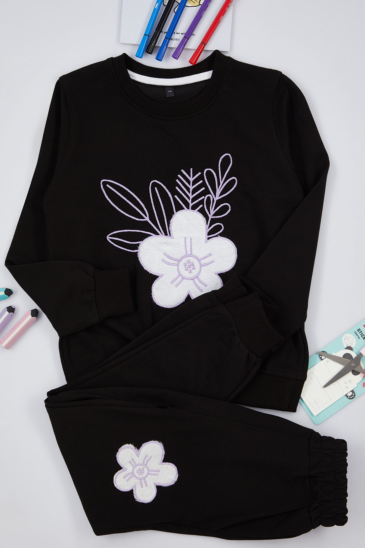 TRENDYOLKIDS Black Girl Child Seasonal-Thin Floral Patterned Set Knitted Bottom-Top Set Tkdaw25Au00027