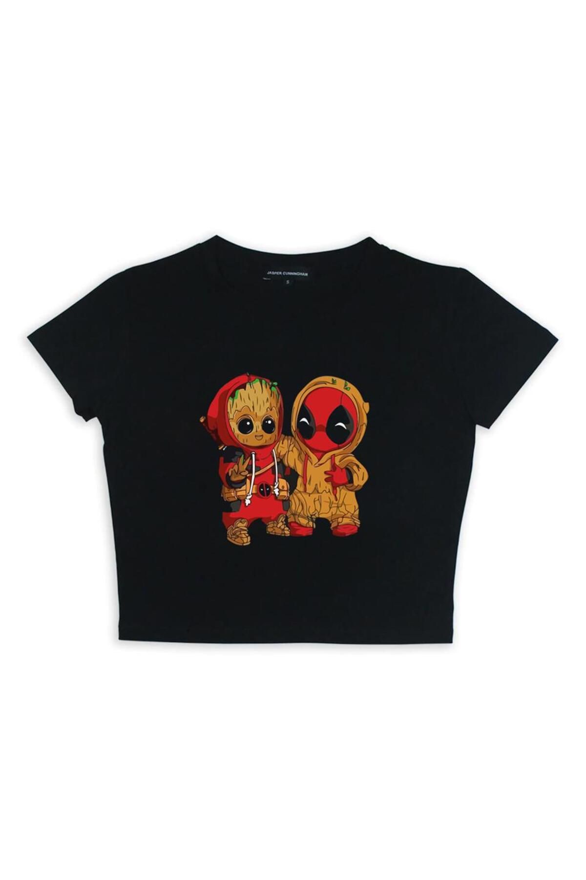 weywot-Sphera - Groot & Deadpool Printed Black Crop Top 2