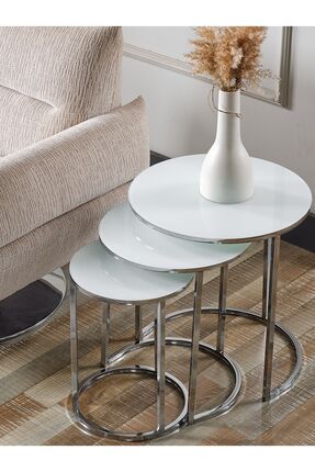 SEDAŞ LIVING UNITS 3' Lü Beyaz Temperli (Kırılmaz) Cam Nikel (GÜMÜŞ) Metal Sehpa