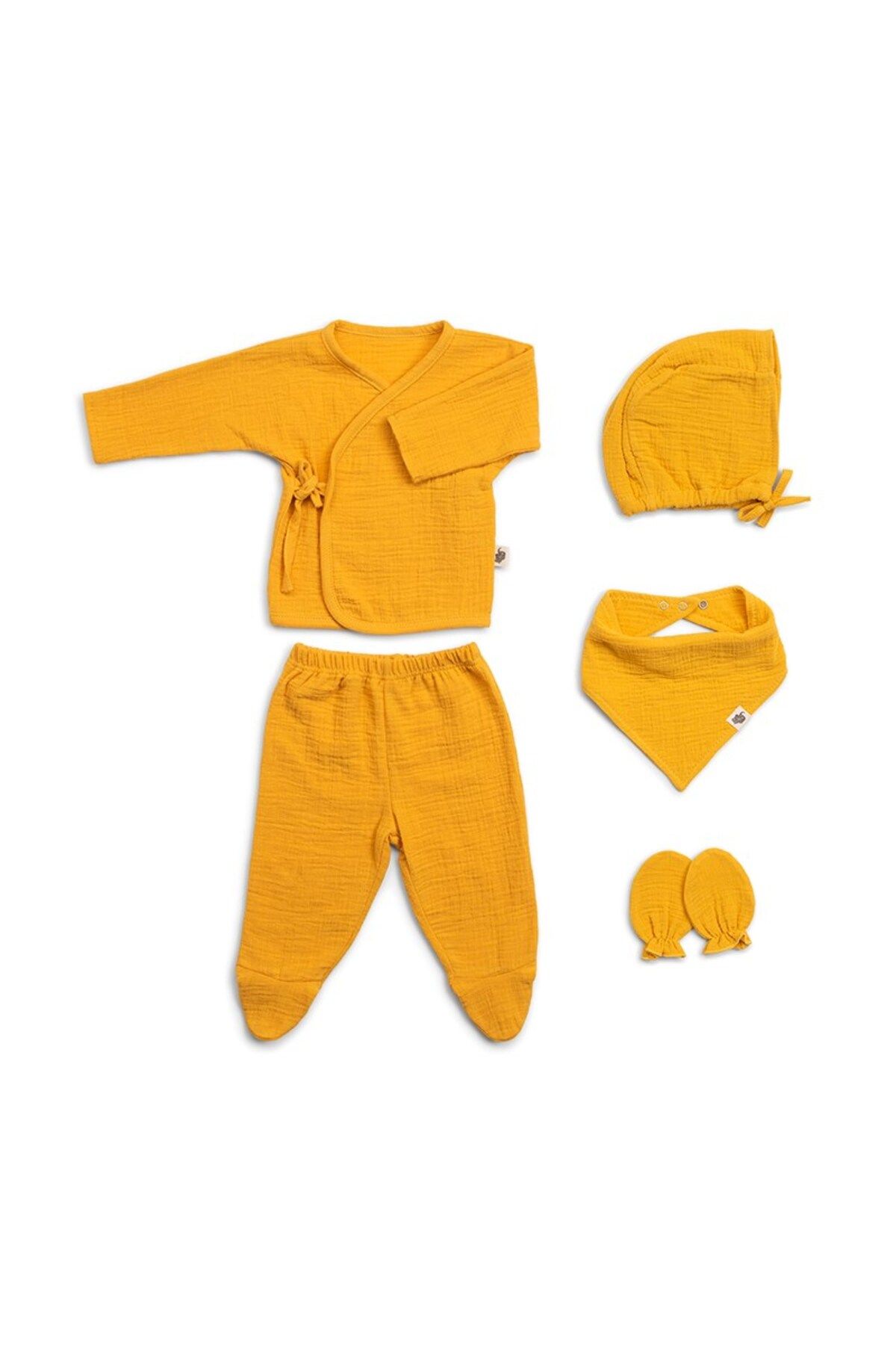 Funna Baby Muslin Yenidoğan Seti - 5 Parça - Marigold - Hardal - 0/3 Ay