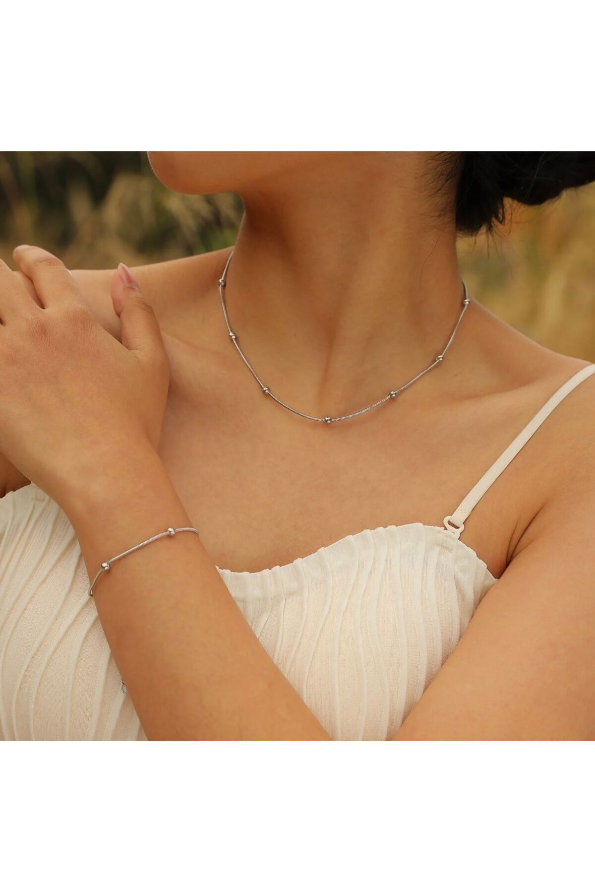 Takıkraliyeti 316 L Çelik topcuklu yılan zincir 45 cm uzatmalı kolye bileklik set