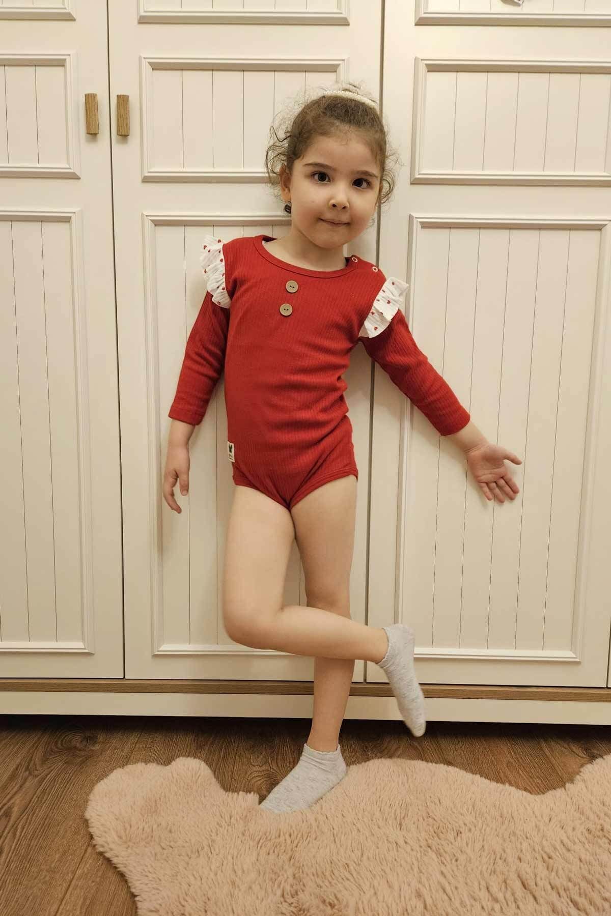 Peki-15068 Model Baby and Kids Butterfly Patterned Ruffle Body - With Snaps from the Bottom, Heart and Heart 7