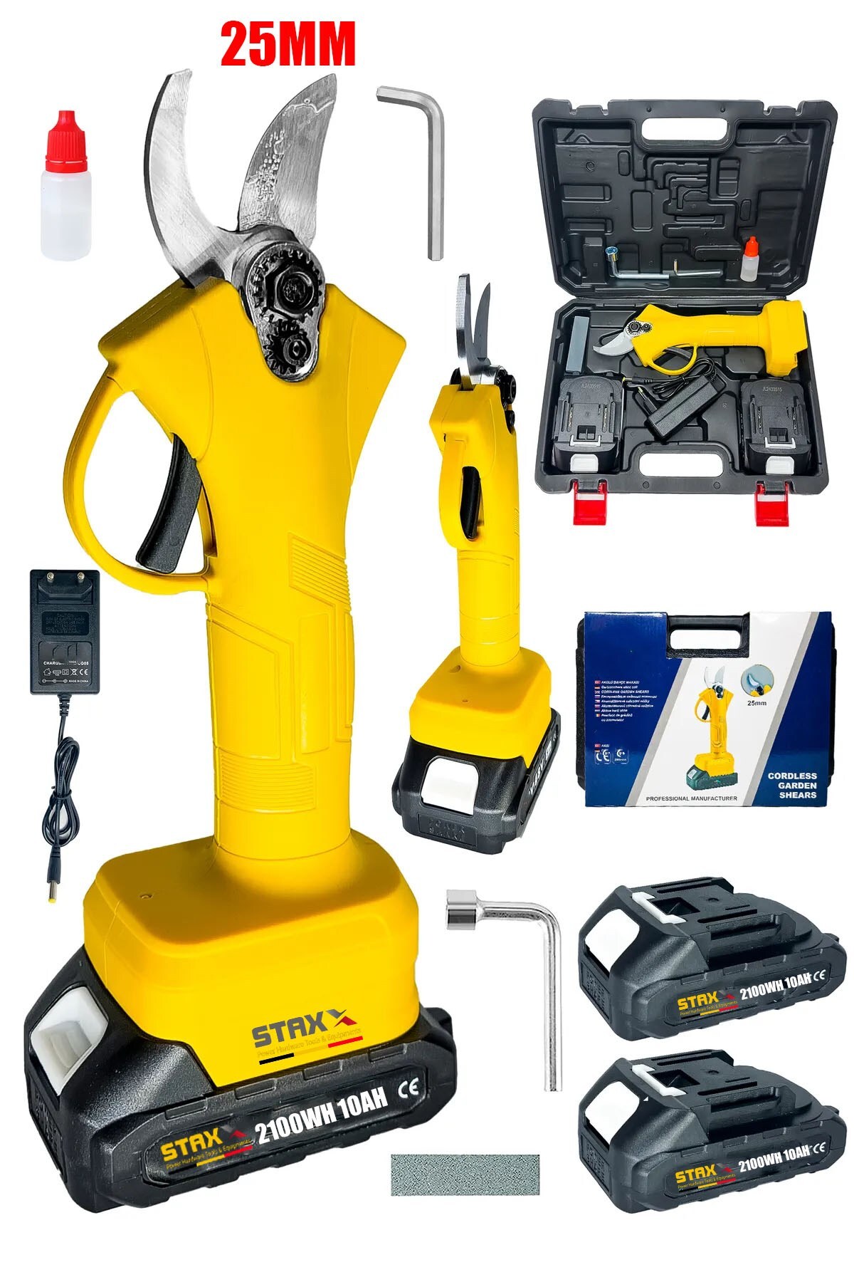 STAXX POWER 2100WH 10 Ah Çift Akülü Bağ Makası Dal Budama Kesme Makası Makinesi Çantalı Set 25 mm Çap