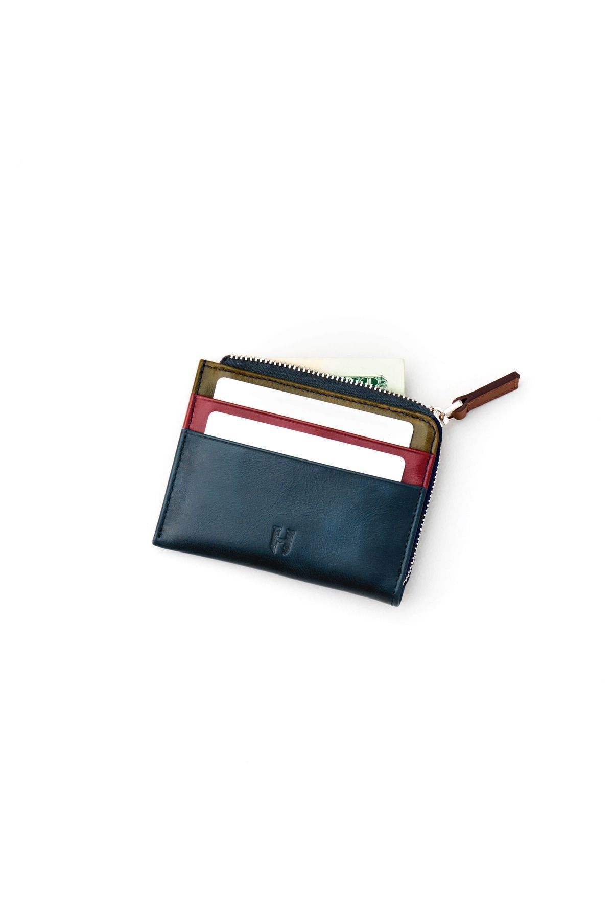 کیف پول مردانه SEWARD GENUINE چرمی NAVY BLUE MULTI COLOR DESIGN POCKET ZIPPER CLATED RFID محافظت شده HELMBROOK