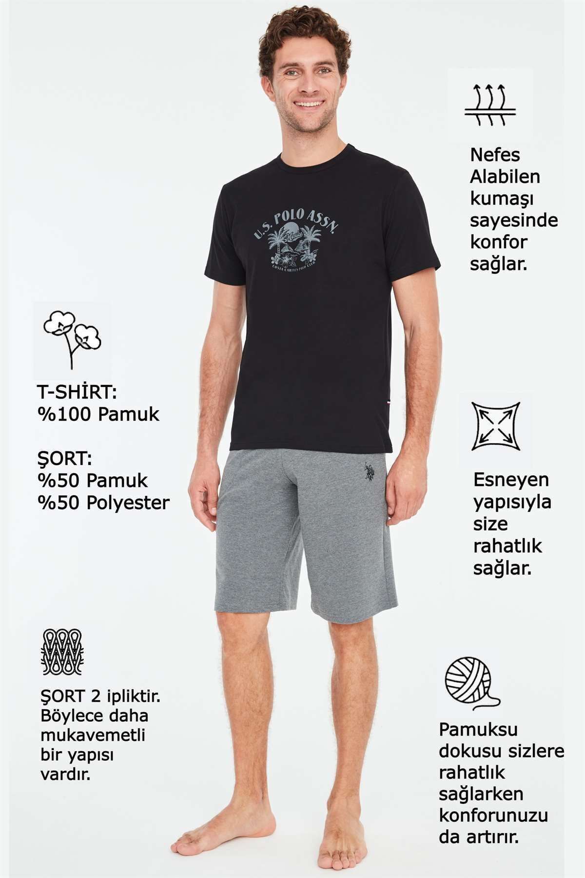 ست پیژامه مشکی مردانه شلوار تیشرت اورجینال U.S. Polo Assn.