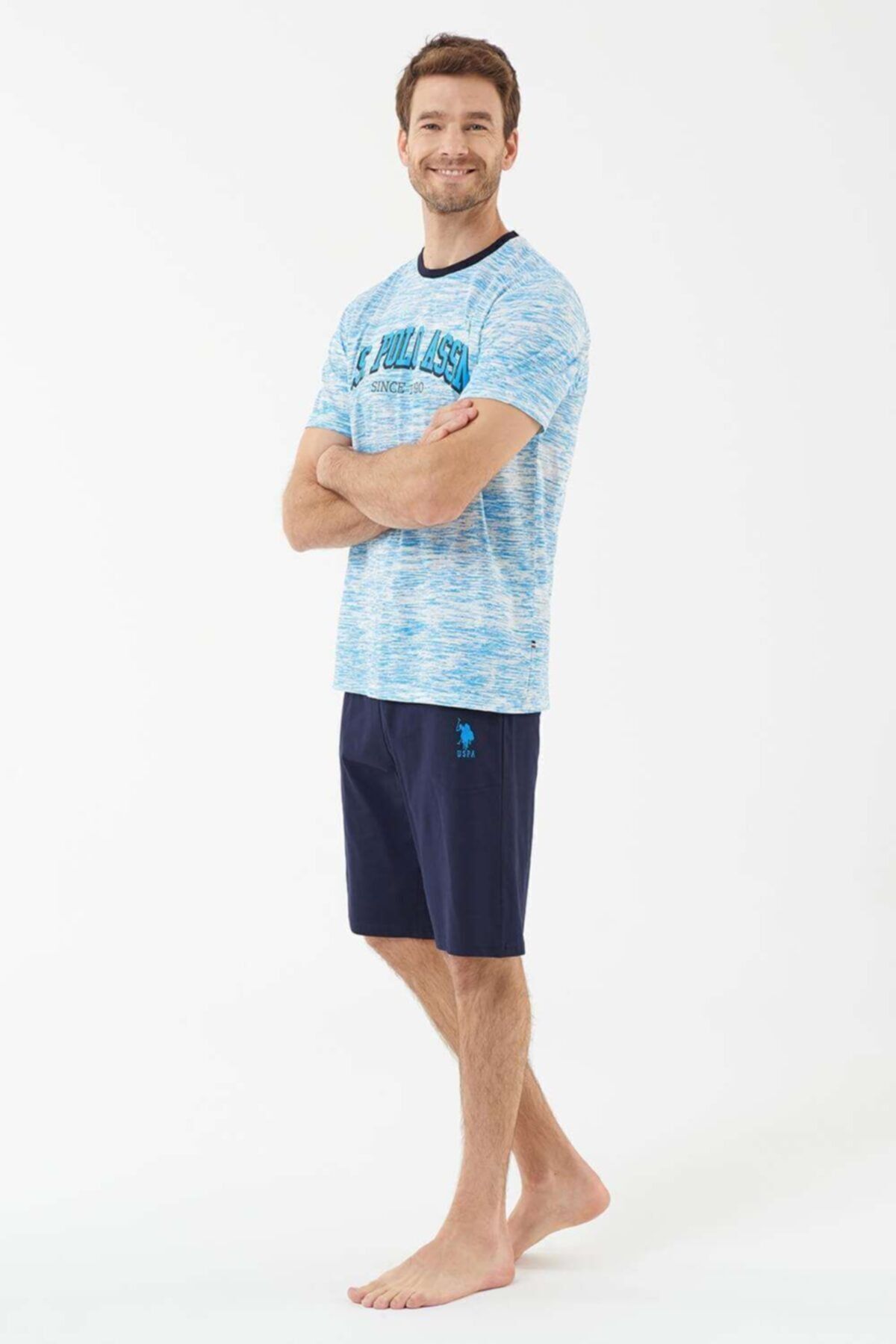 ست پیژامه آبی مردانه شورت تیشرت اورجینال U.S. Polo Assn.