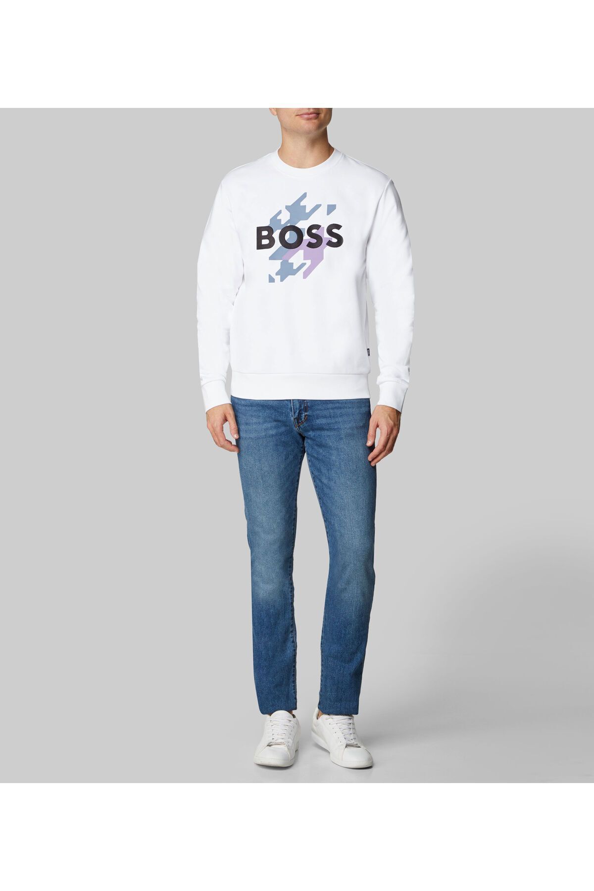 سویشرت سفید مردانه یقه دوچرخه مناسب آستین بلند پنبه ای پیراهن 100 BOSS