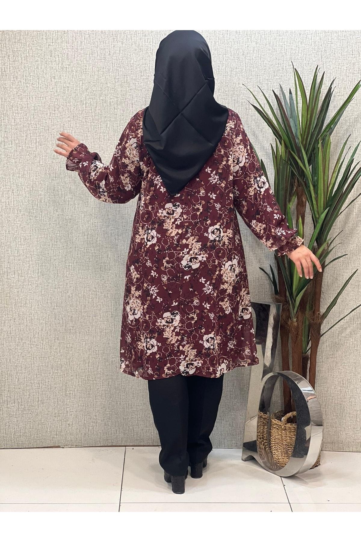 Butik büyük beden-تونيك شيفون منقوش - قصة مريحة 5