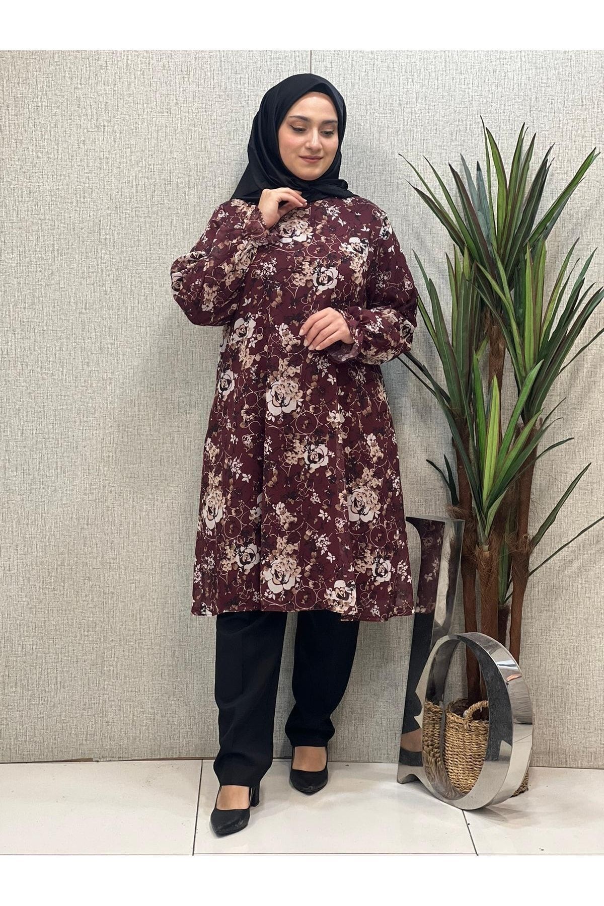 Butik büyük beden-تونيك شيفون منقوش - قصة مريحة 2