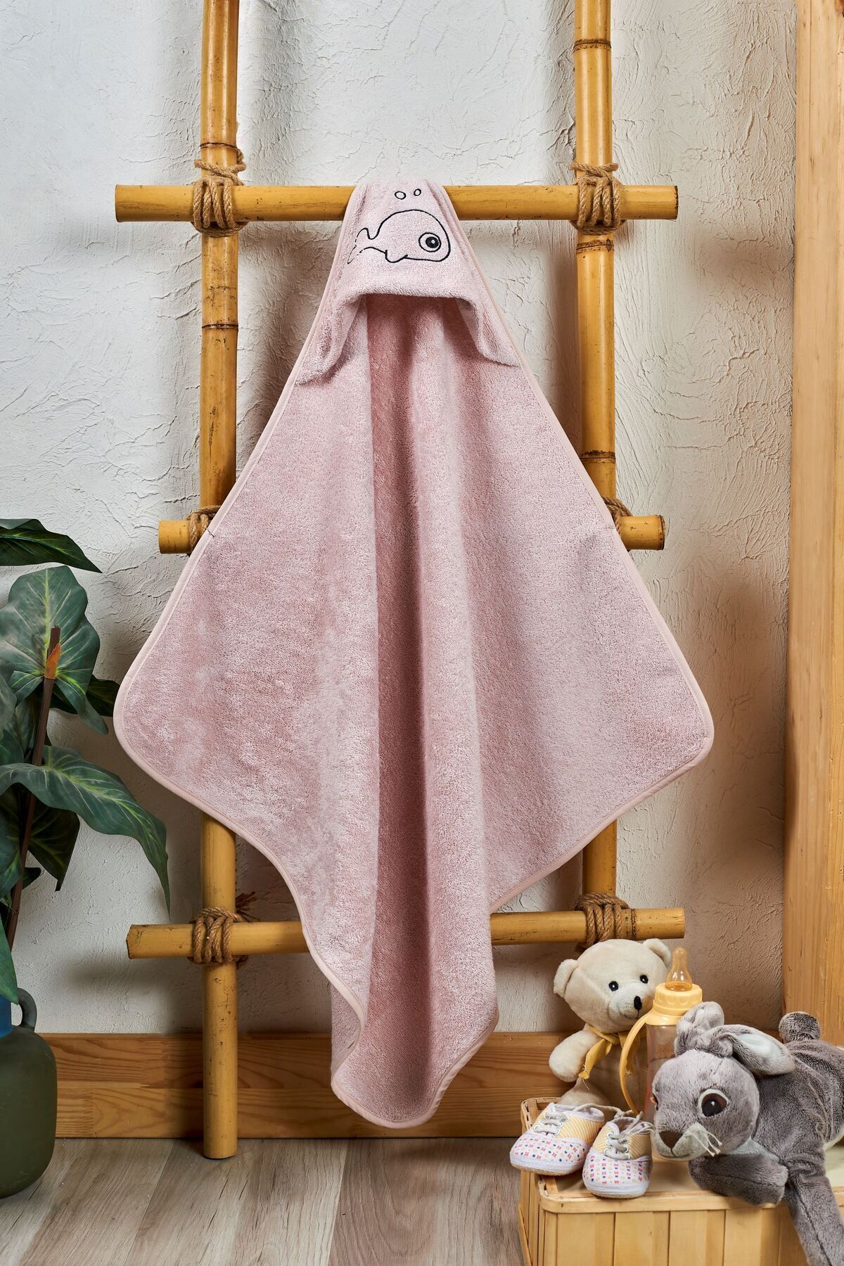 Bamboo Fish Embroidered Baby Towel Swaddle and Washcloth Set