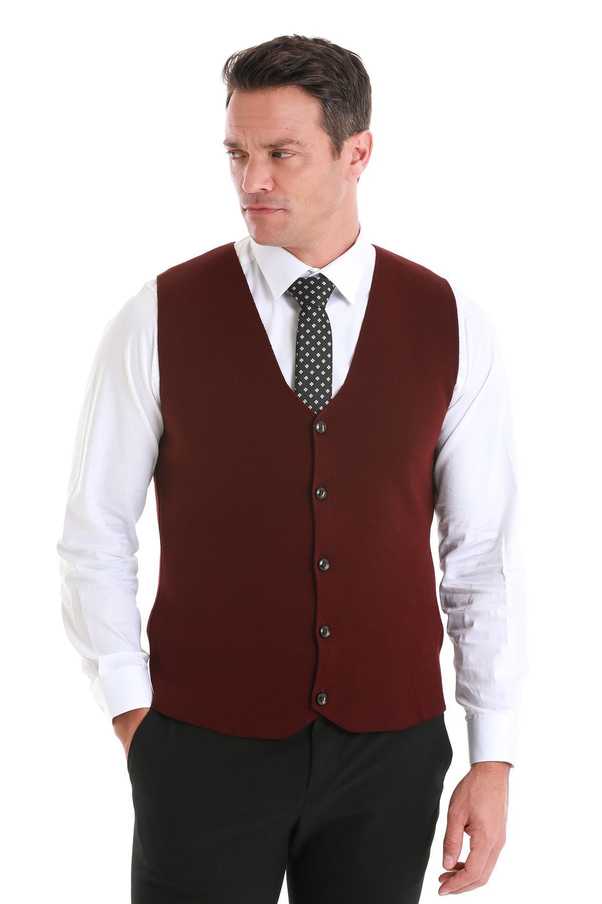Hatemoğlu-Claret Red Regular Fit Plain V-Neck Knitwear Vest 3