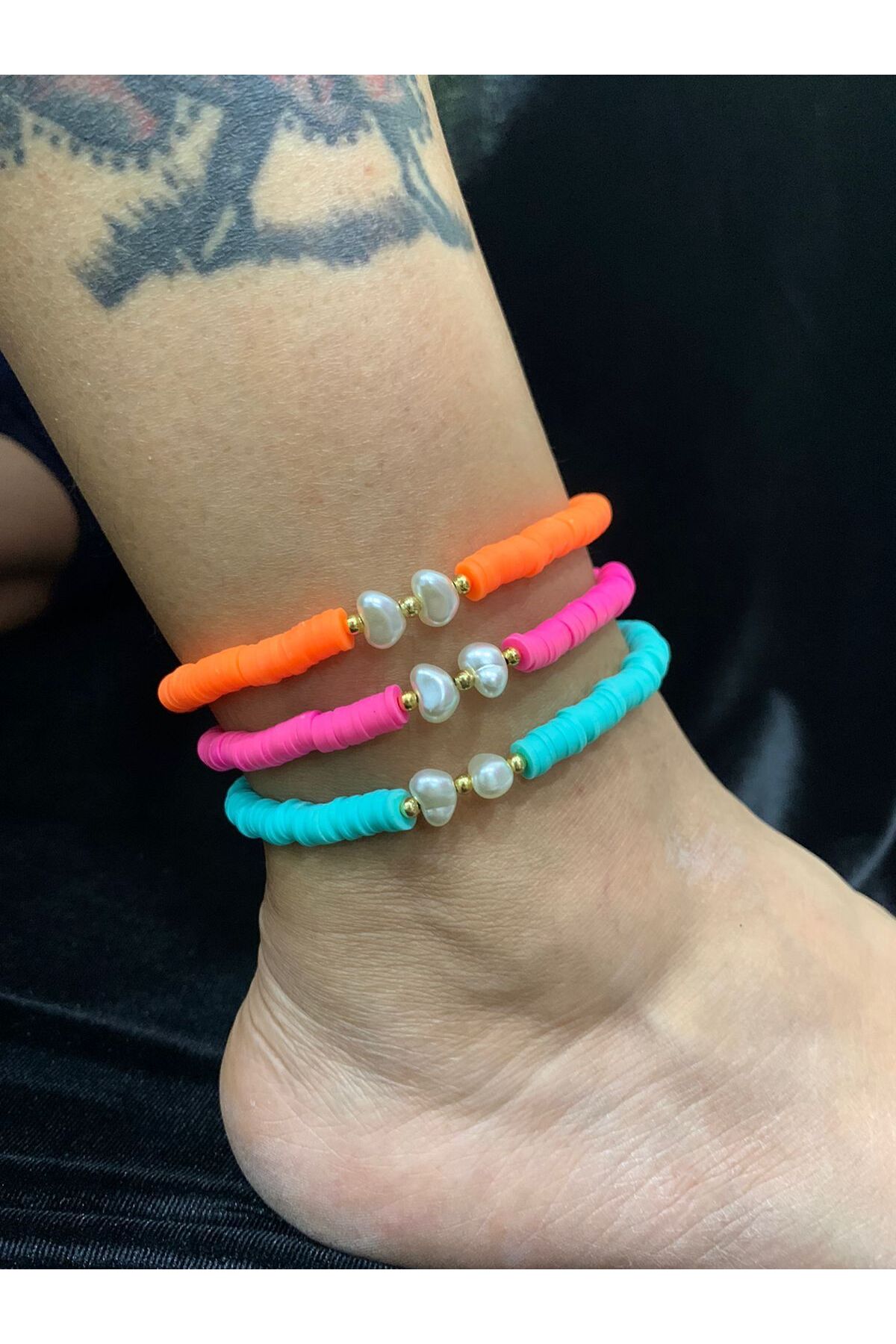 Bulut Bijuteri Aksesuar İnci kalp modelli renkli halhal (3 adet)