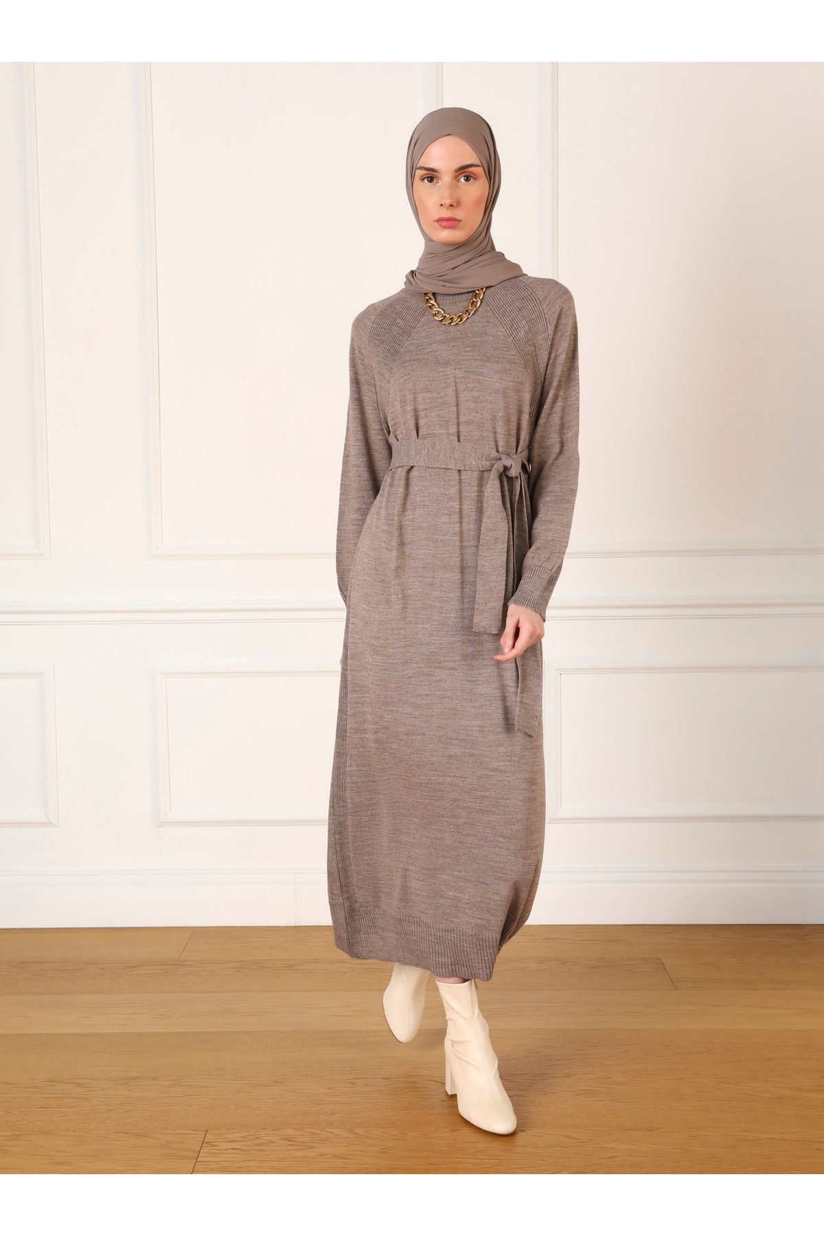Refka-Gürtel Detaillierte Reglan Ärmel Strick Hijab Kleid - Nerz - Refka 3